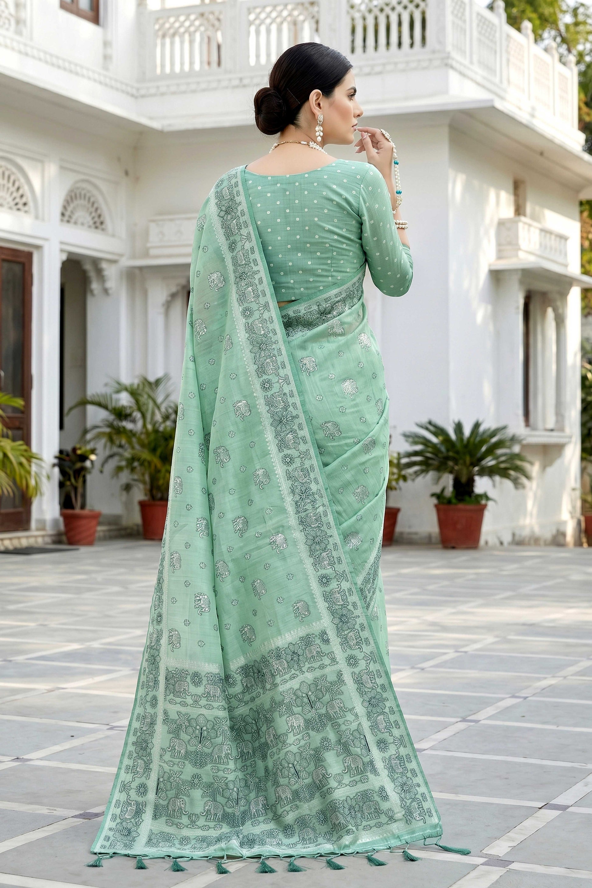 Sangam Prints Mint Green Cotton Blend Woven Work Traditional Saree