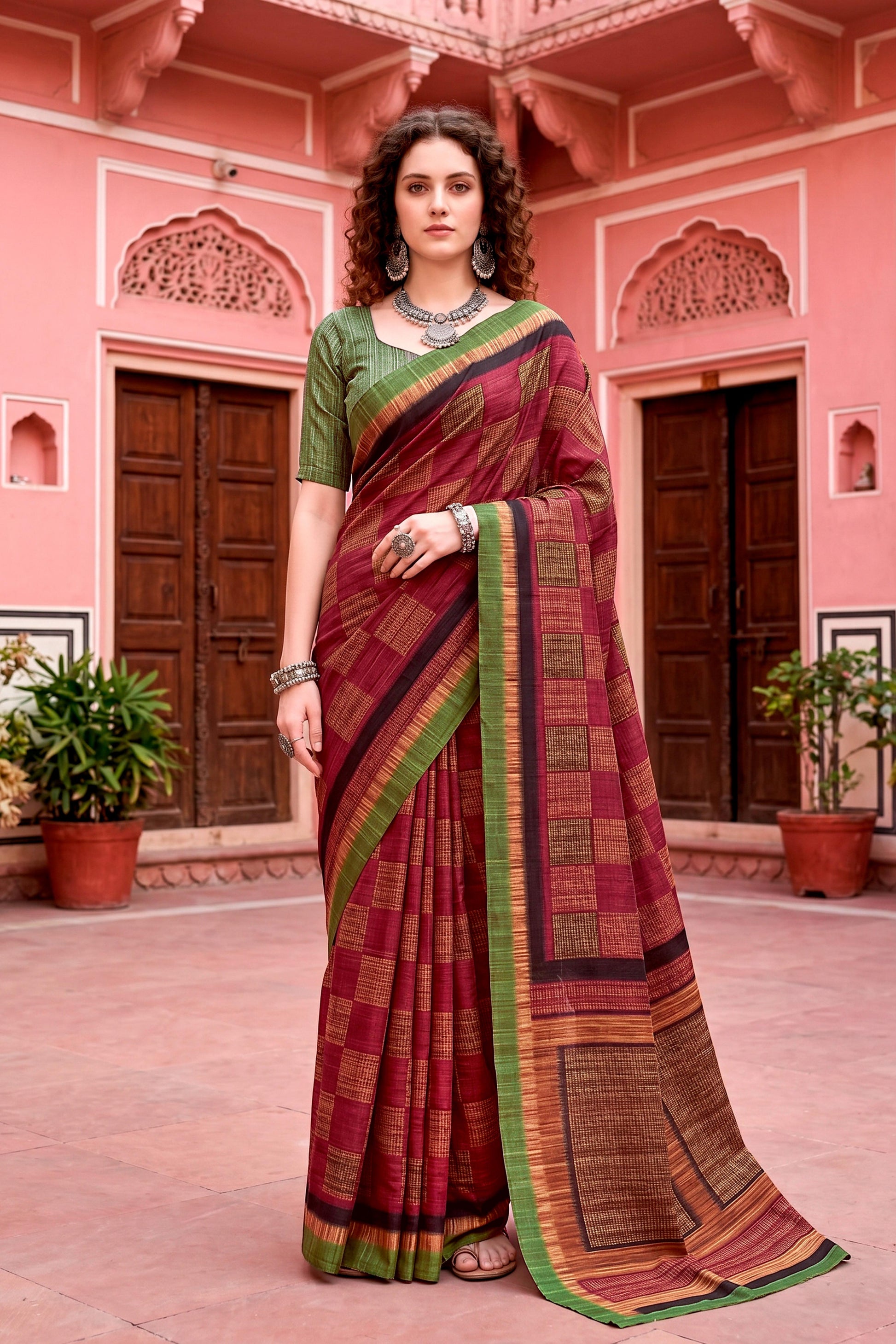 Sangam Prints Maroon Cotton Blend Woven Work Traditional Saree