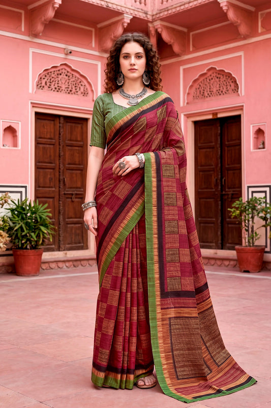 Sangam Prints Maroon Cotton Blend Woven Work Traditional Saree
