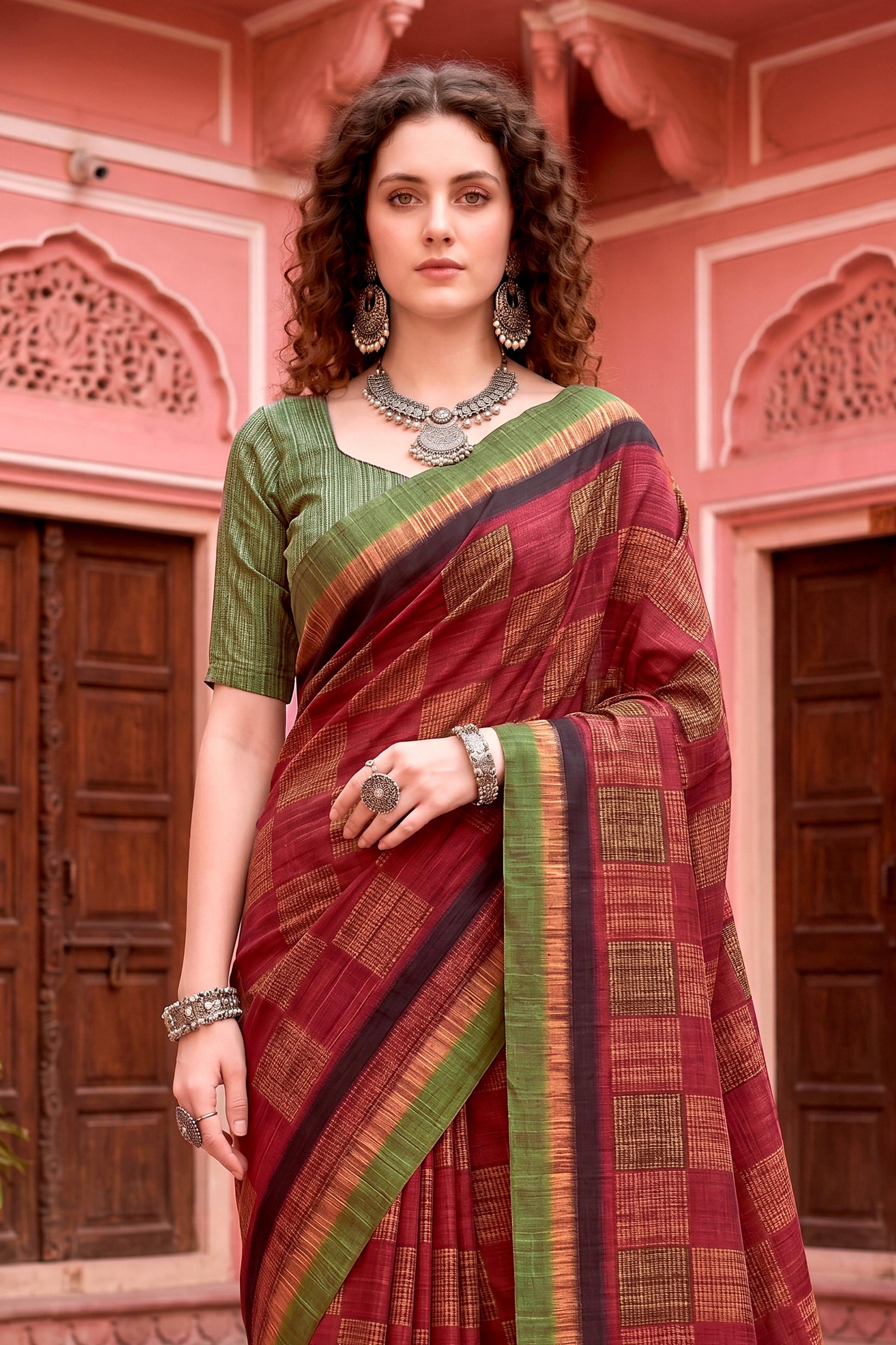 Sangam Prints Maroon Cotton Blend Woven Work Traditional Saree