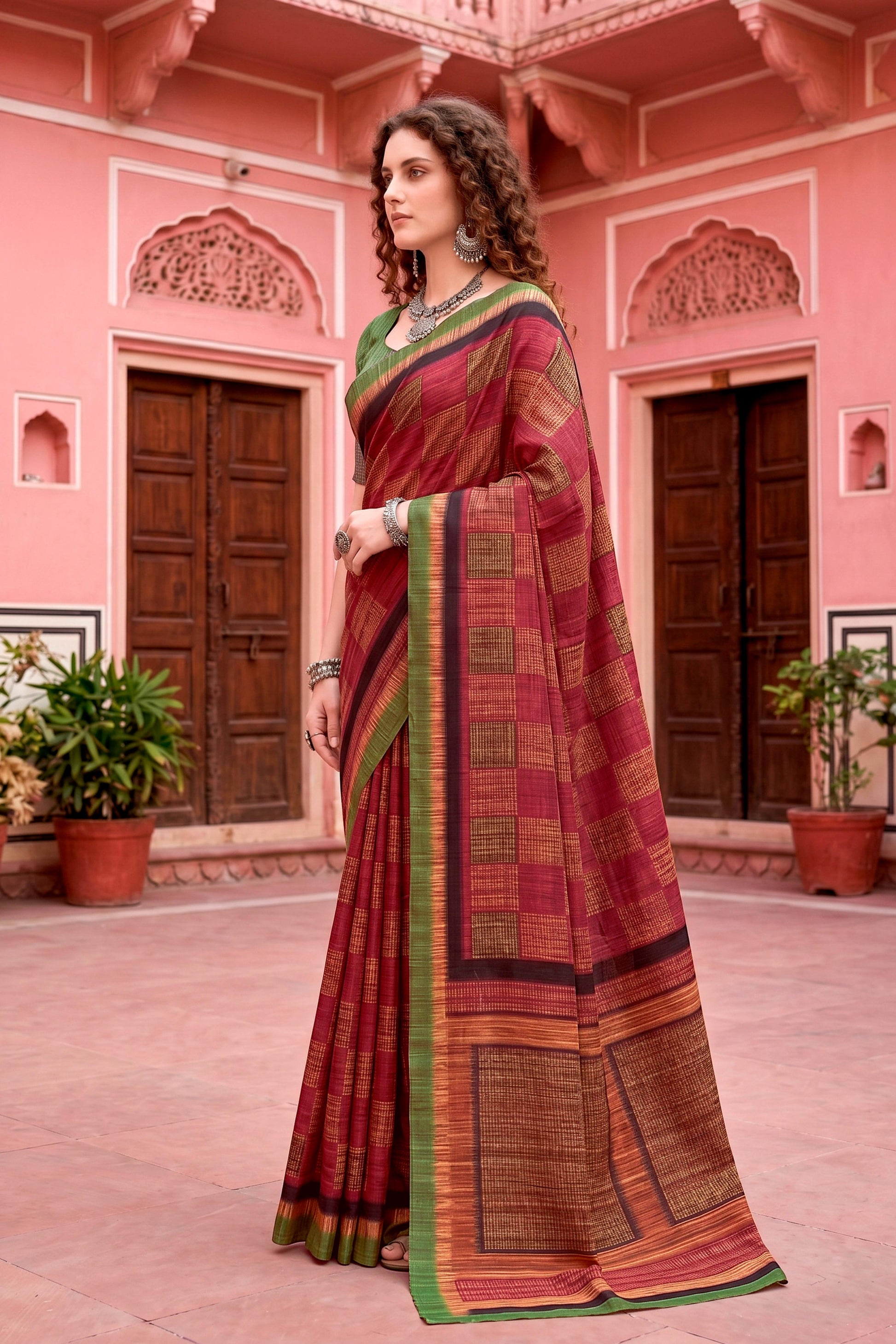 Sangam Prints Maroon Cotton Blend Woven Work Traditional Saree