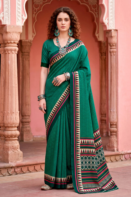 Sangam Prints Bottle Green Cotton Blend Woven Work Traditional Saree