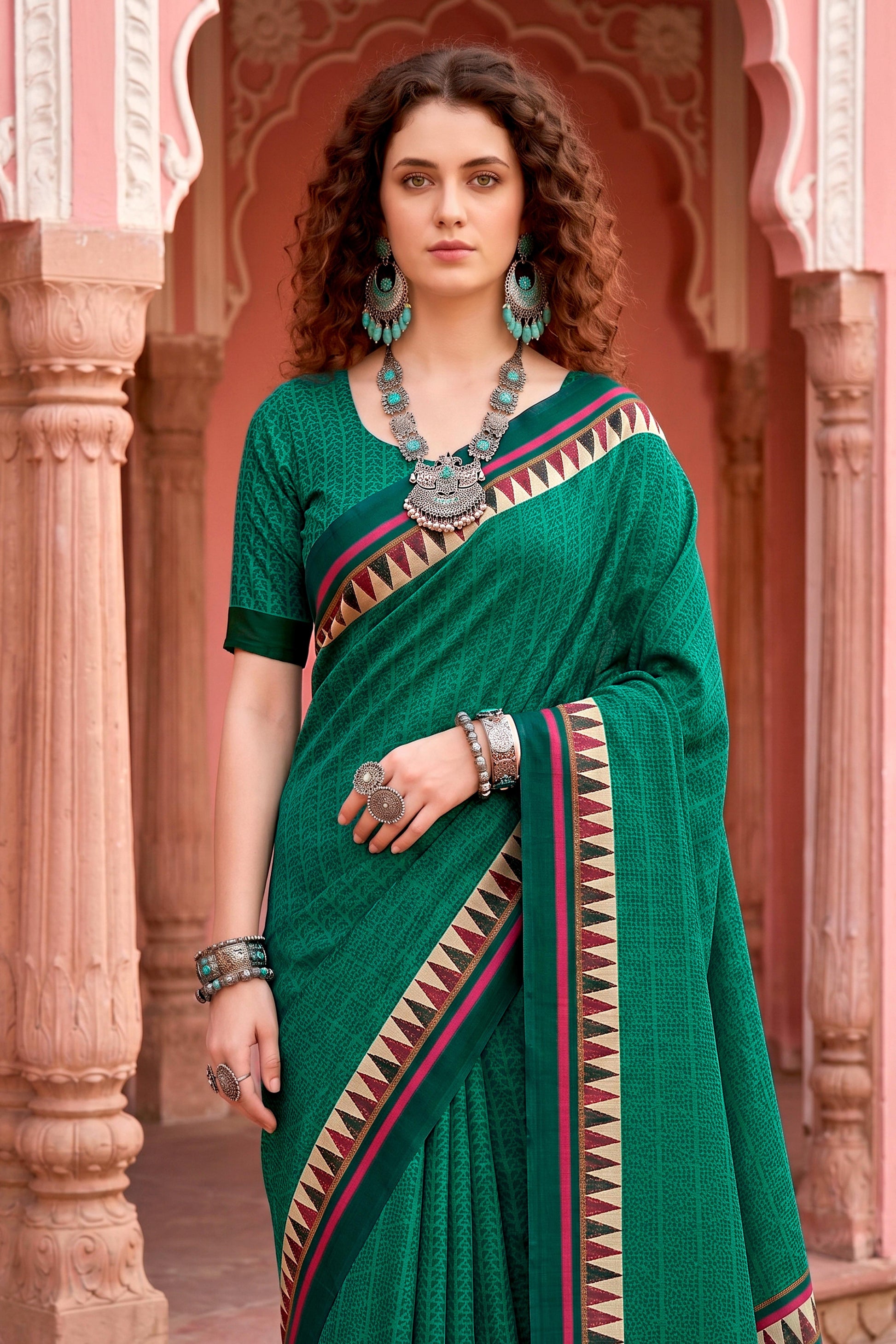 Sangam Prints Bottle Green Cotton Blend Woven Work Traditional Saree