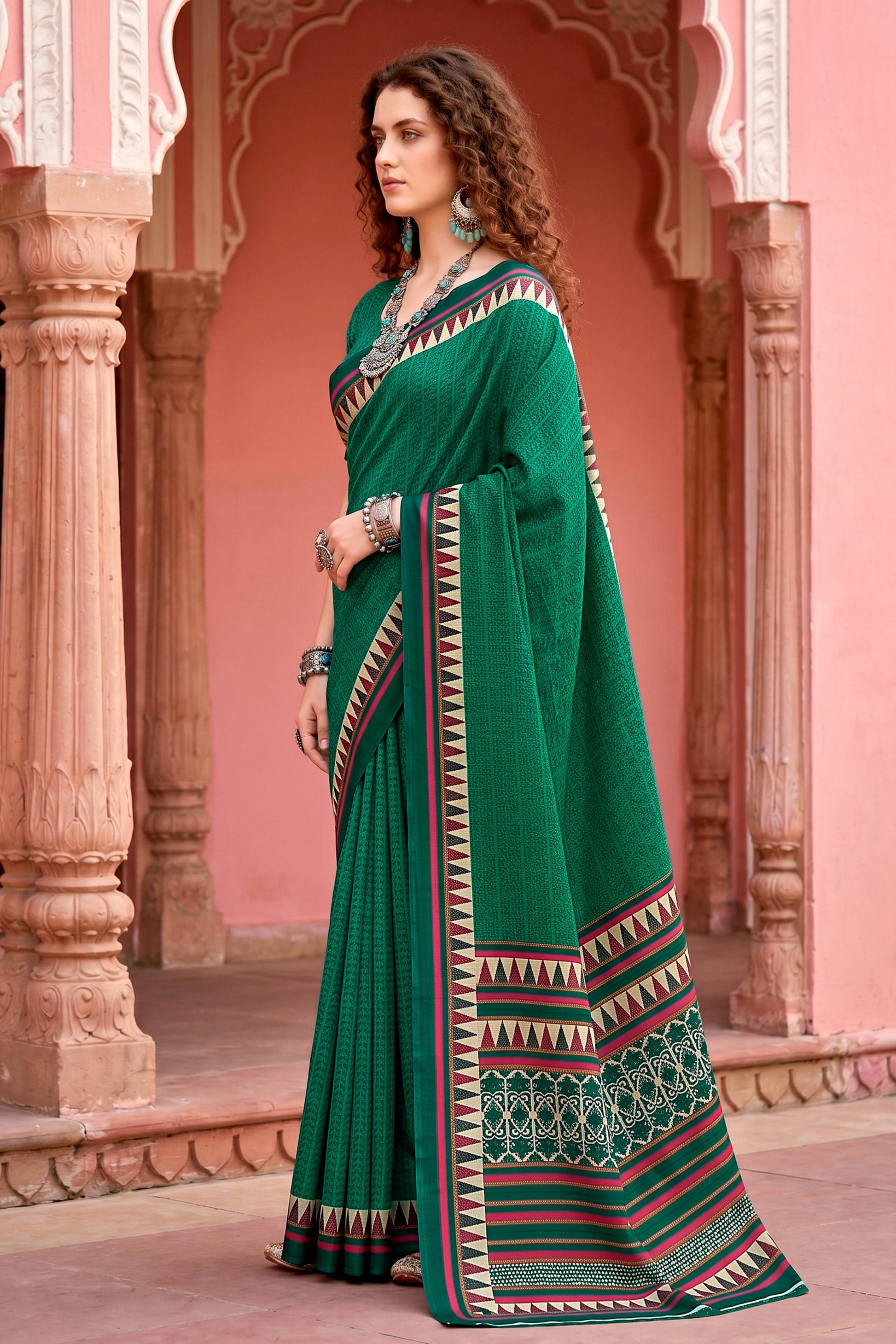 Sangam Prints Bottle Green Cotton Blend Woven Work Traditional Saree
