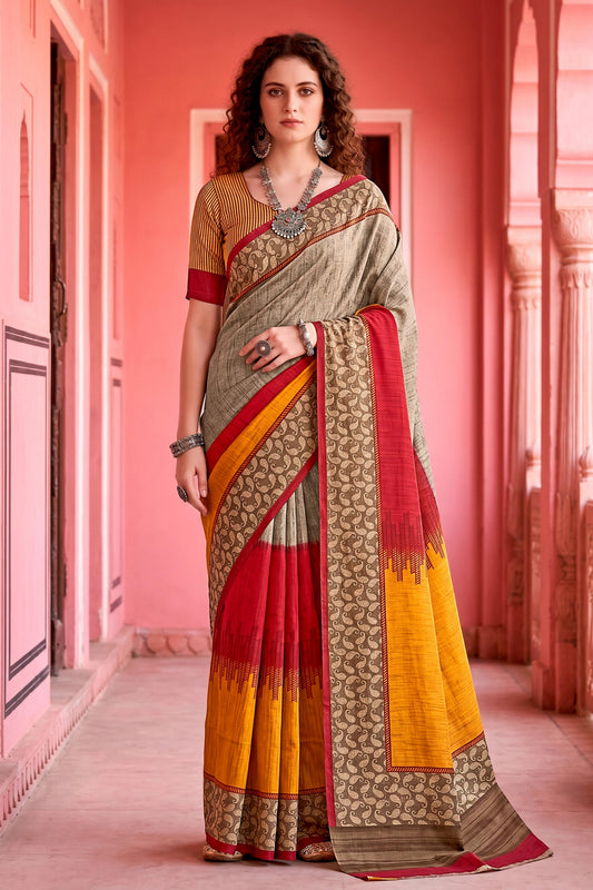 Sangam Prints Grey Cotton Blend Woven Work Traditional Saree