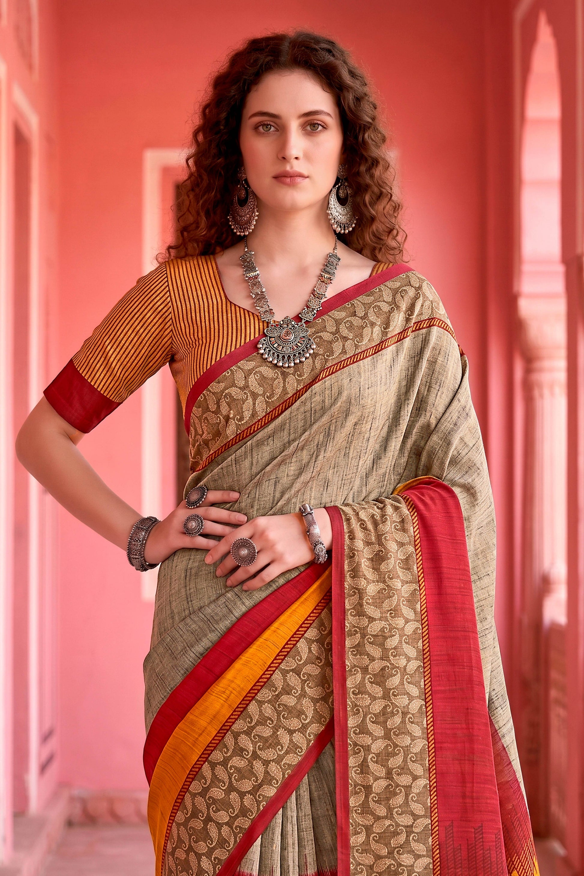 Sangam Prints Grey Cotton Blend Woven Work Traditional Saree