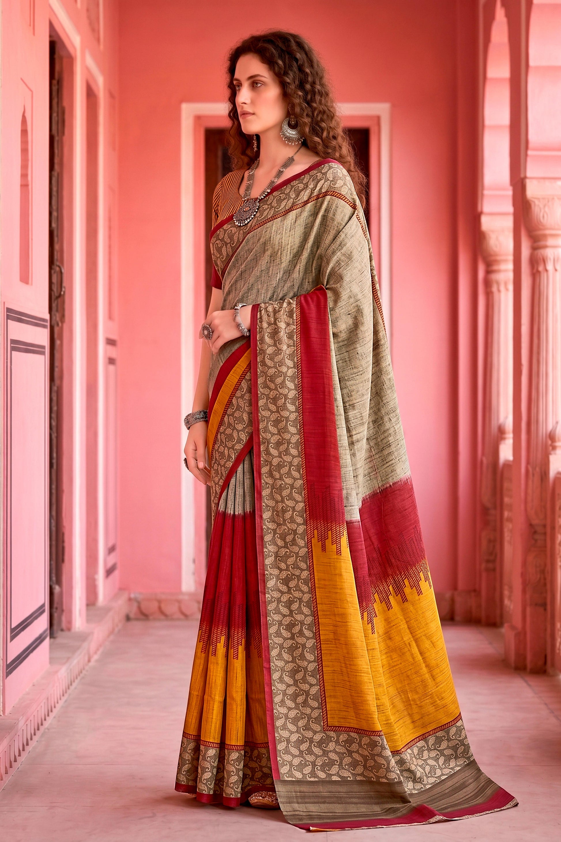 Sangam Prints Grey Cotton Blend Woven Work Traditional Saree