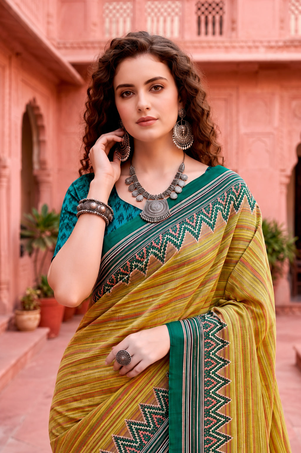 Sangam Prints Mustard Yellow Cotton Blend Woven Work Traditional Saree