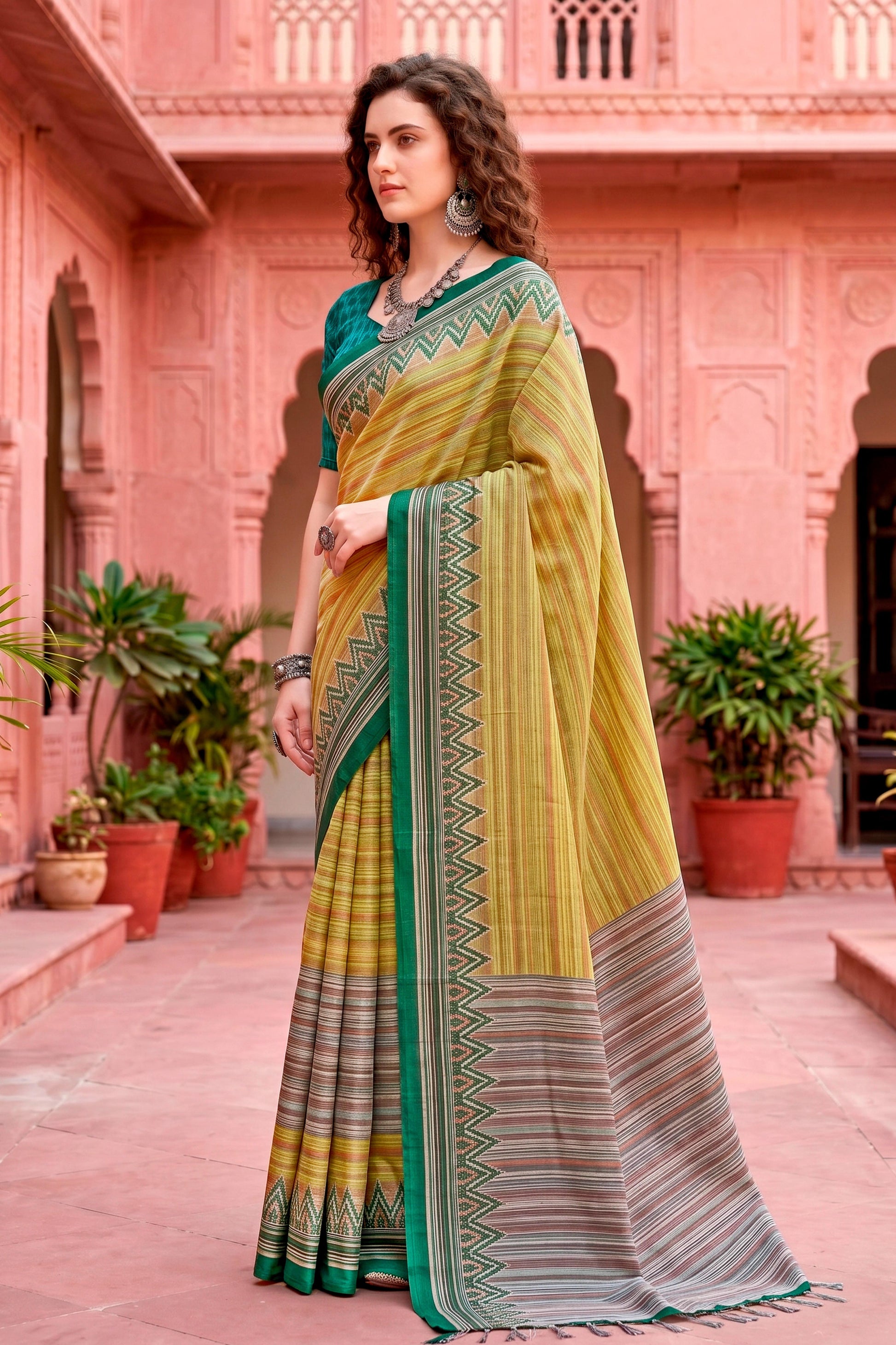 Sangam Prints Mustard Yellow Cotton Blend Woven Work Traditional Saree