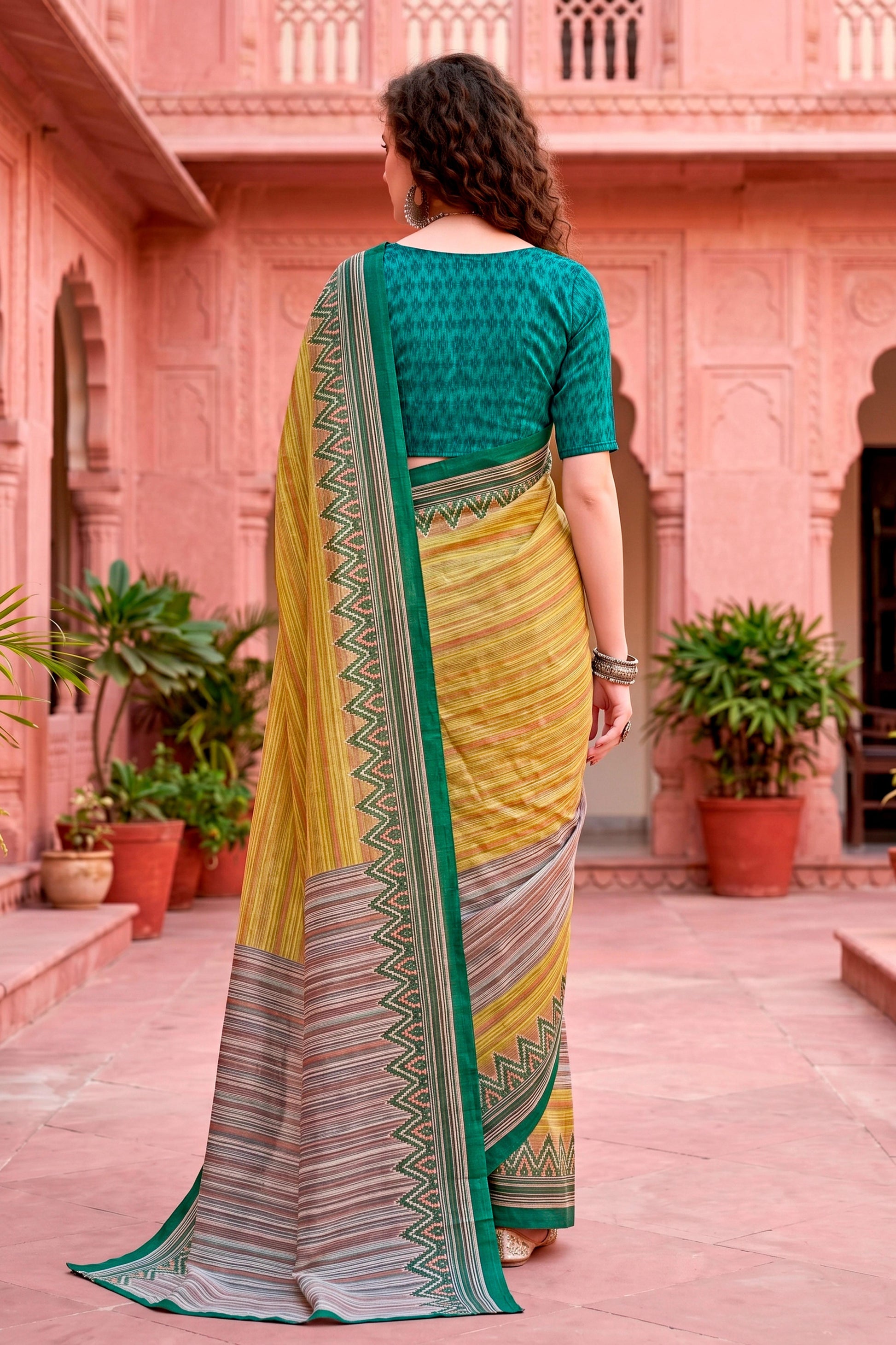 Sangam Prints Mustard Yellow Cotton Blend Woven Work Traditional Saree