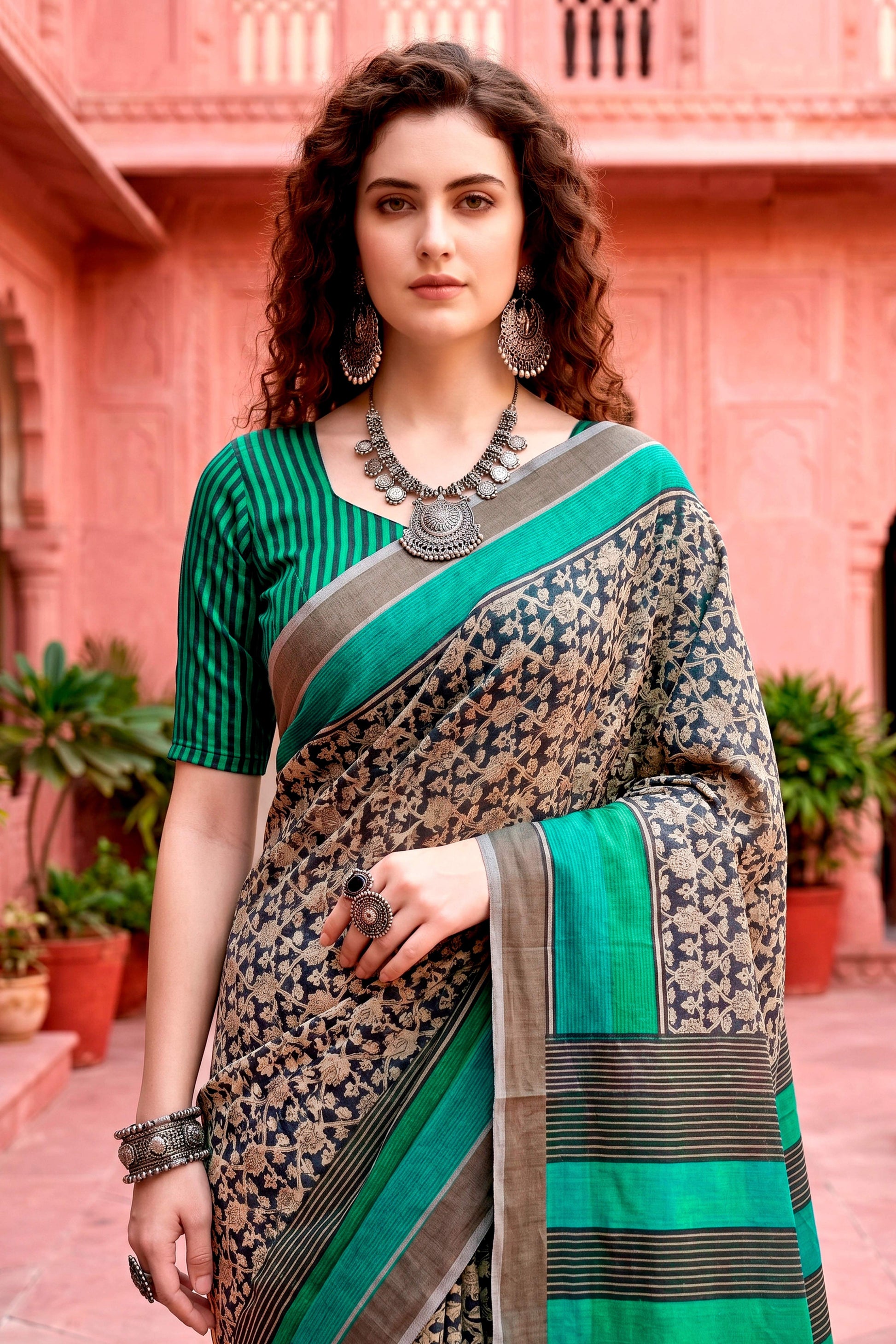 Sangam Prints Charcoal Grey Cotton Blend Woven Work Traditional Saree