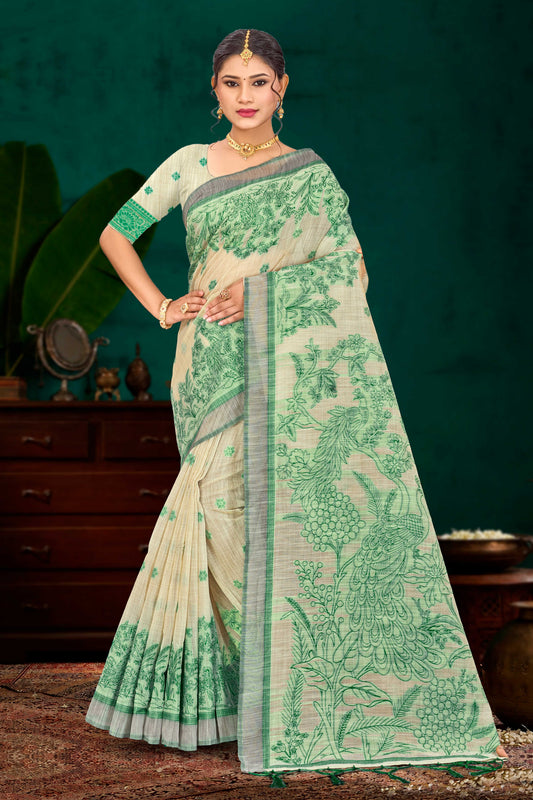Sangam Prints Green Cotton Blend Woven Work Traditional Saree