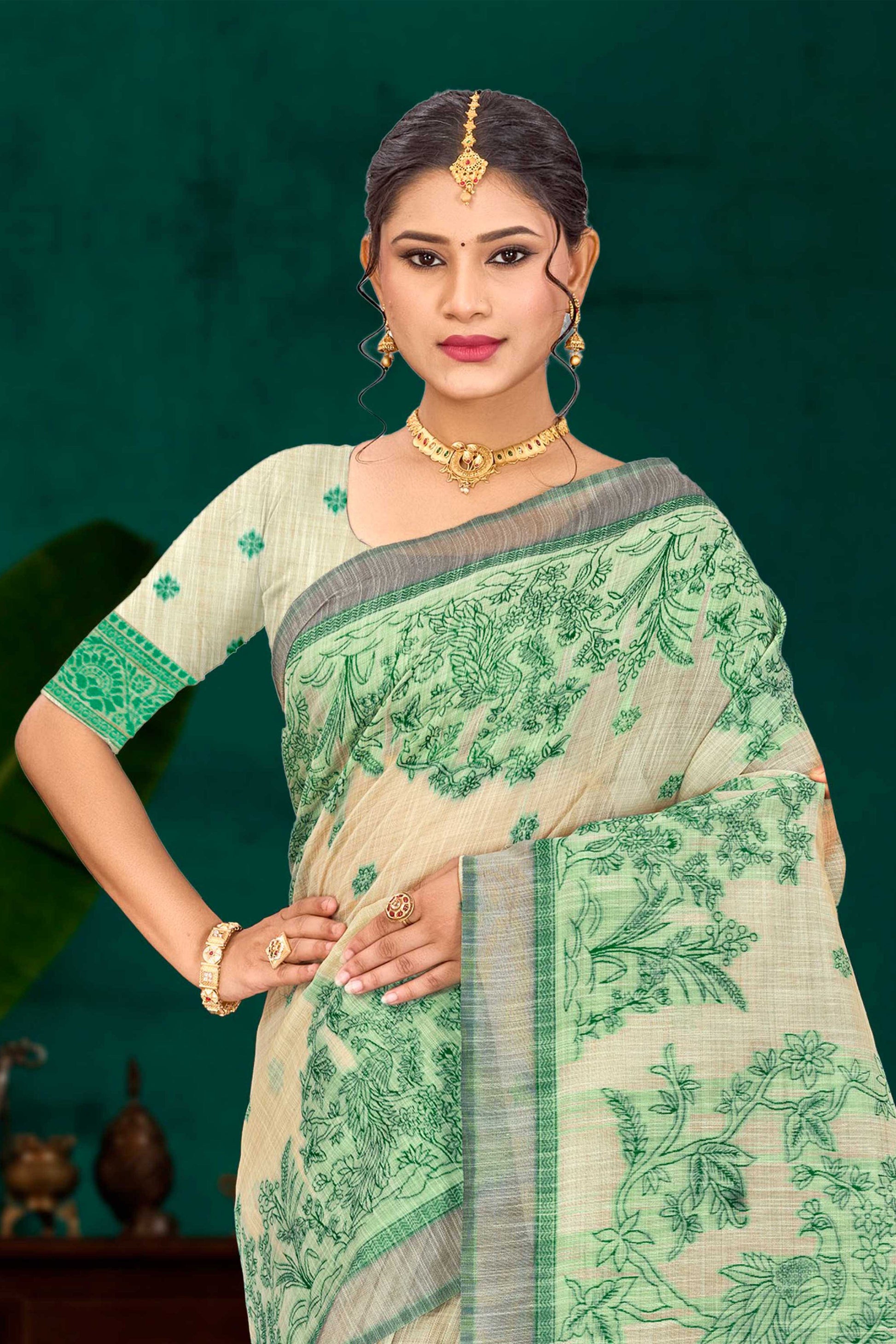 Sangam Prints Green Cotton Blend Woven Work Traditional Saree