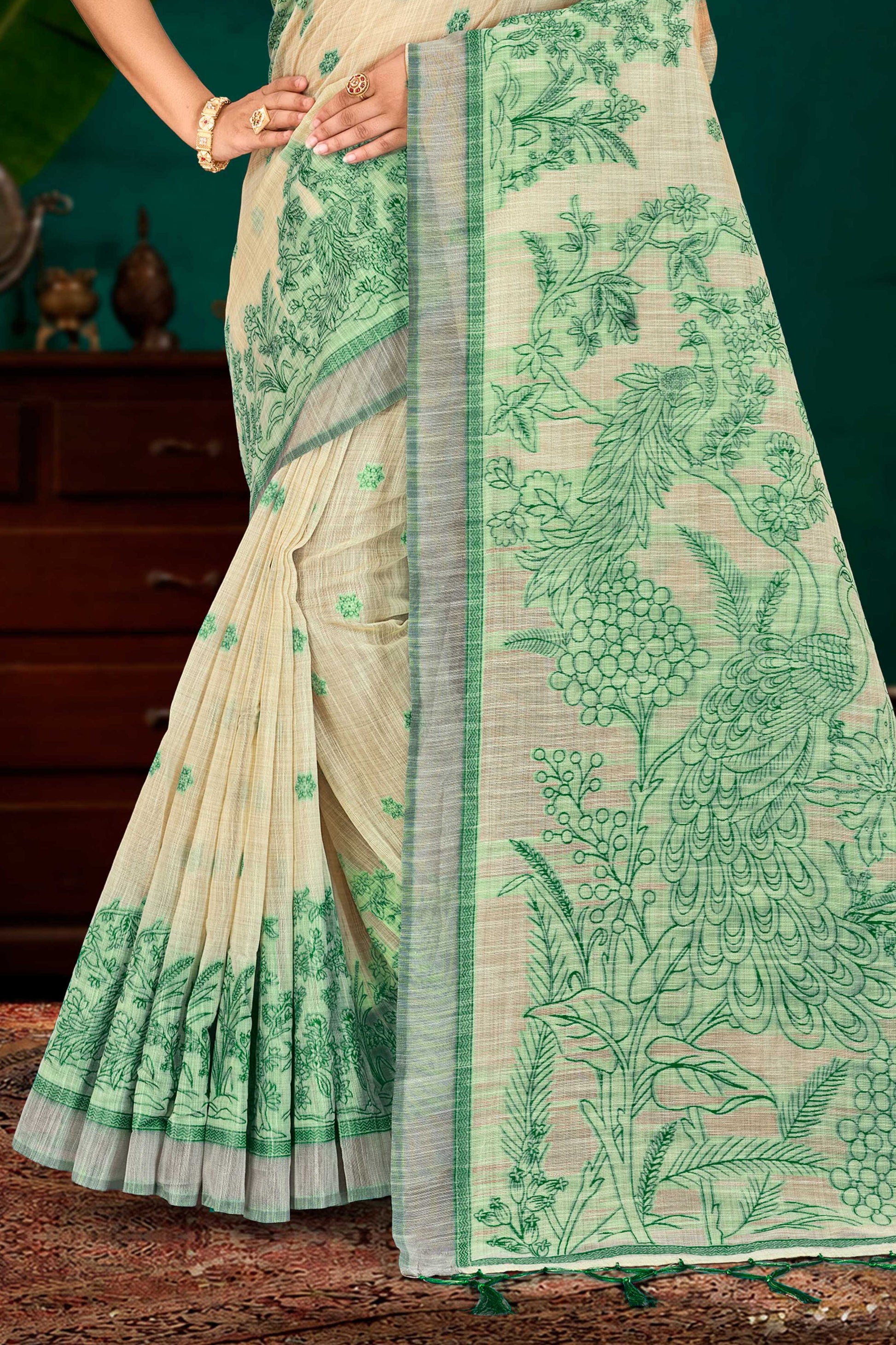 Sangam Prints Green Cotton Blend Woven Work Traditional Saree