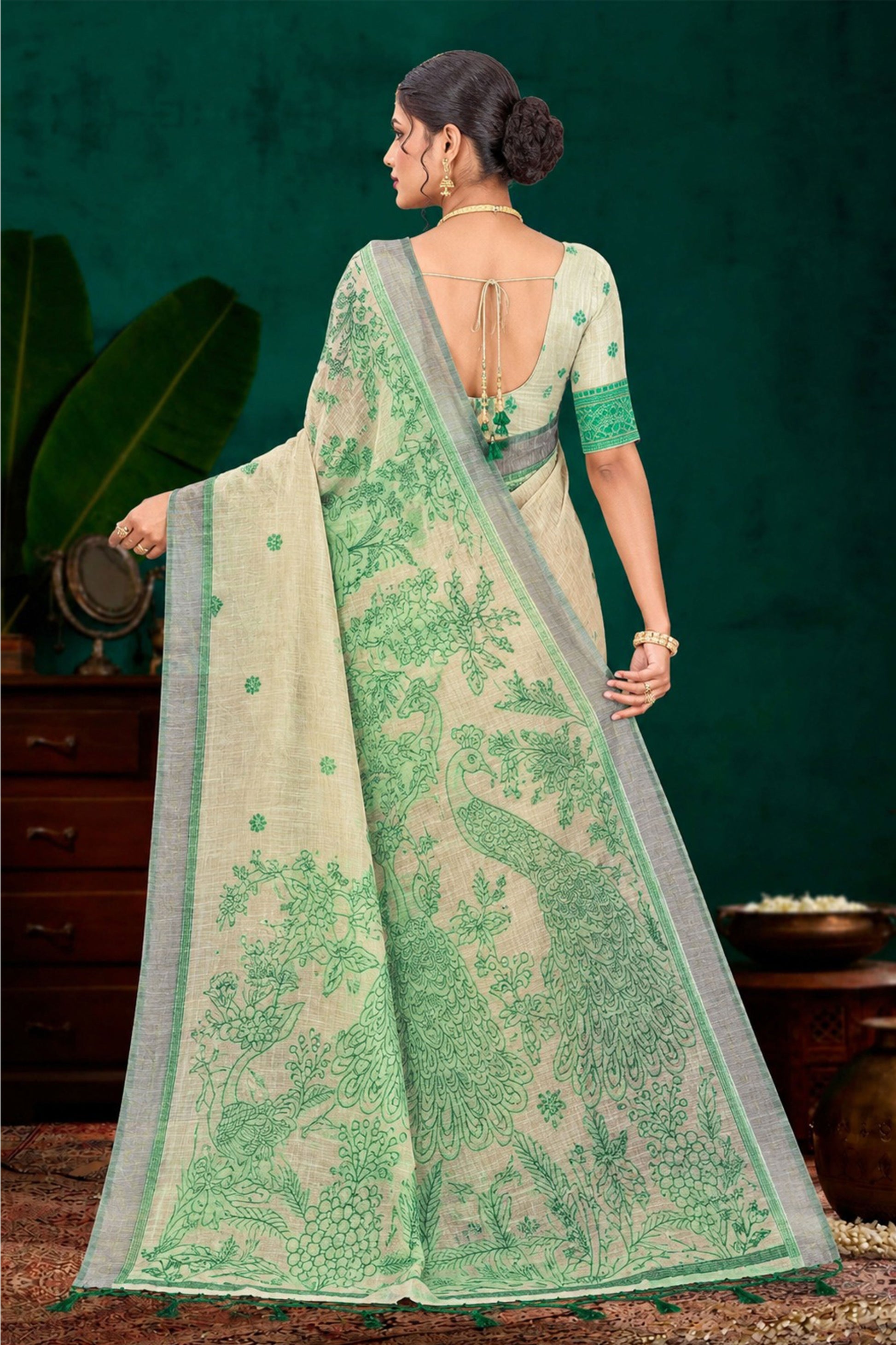 Sangam Prints Green Cotton Blend Woven Work Traditional Saree
