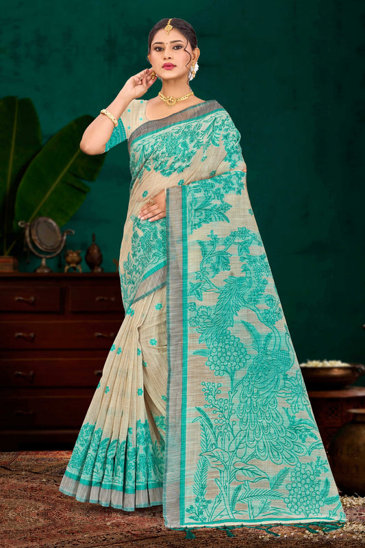 Sangam Prints Aqua Green Cotton Blend Woven Work Traditional Saree