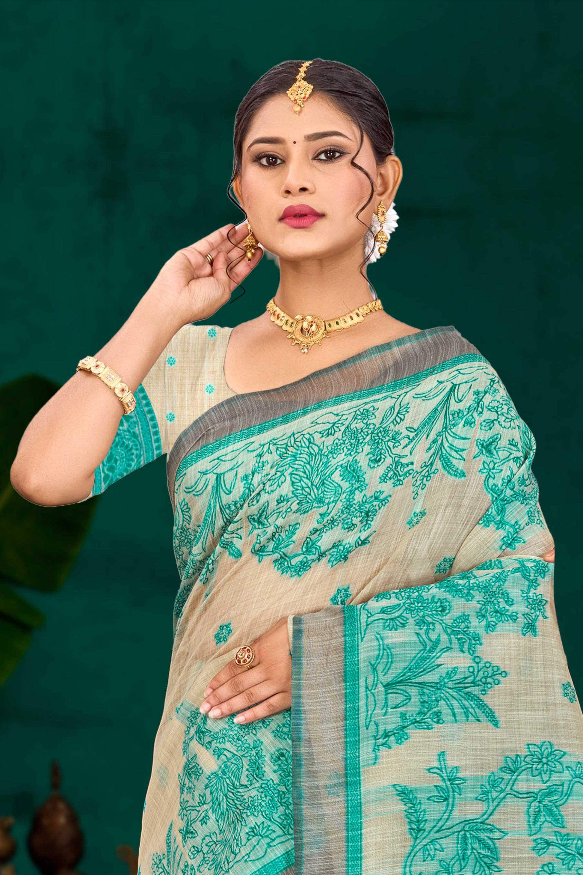 Sangam Prints Aqua Green Cotton Blend Woven Work Traditional Saree