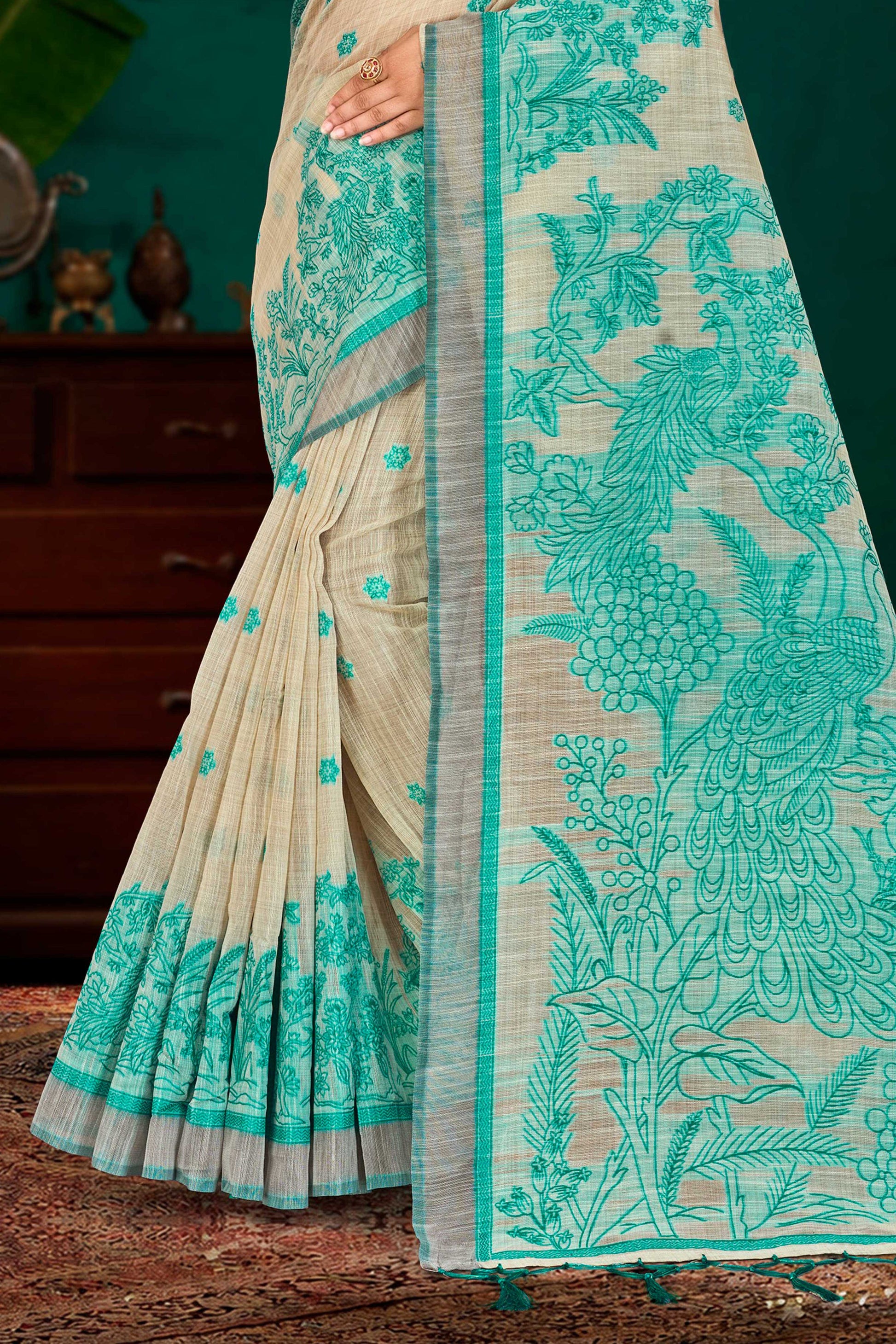 Sangam Prints Aqua Green Cotton Blend Woven Work Traditional Saree