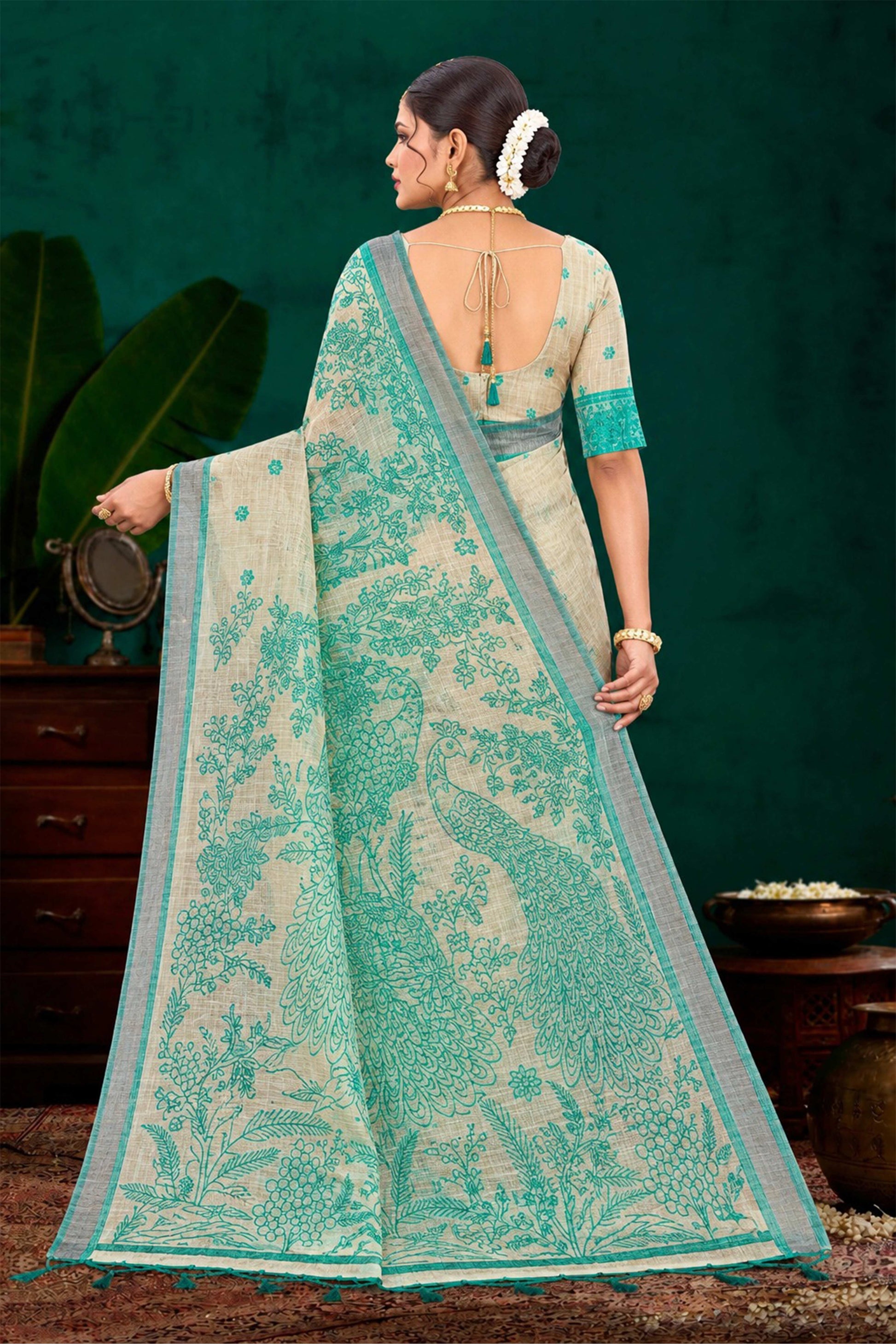 Sangam Prints Aqua Green Cotton Blend Woven Work Traditional Saree