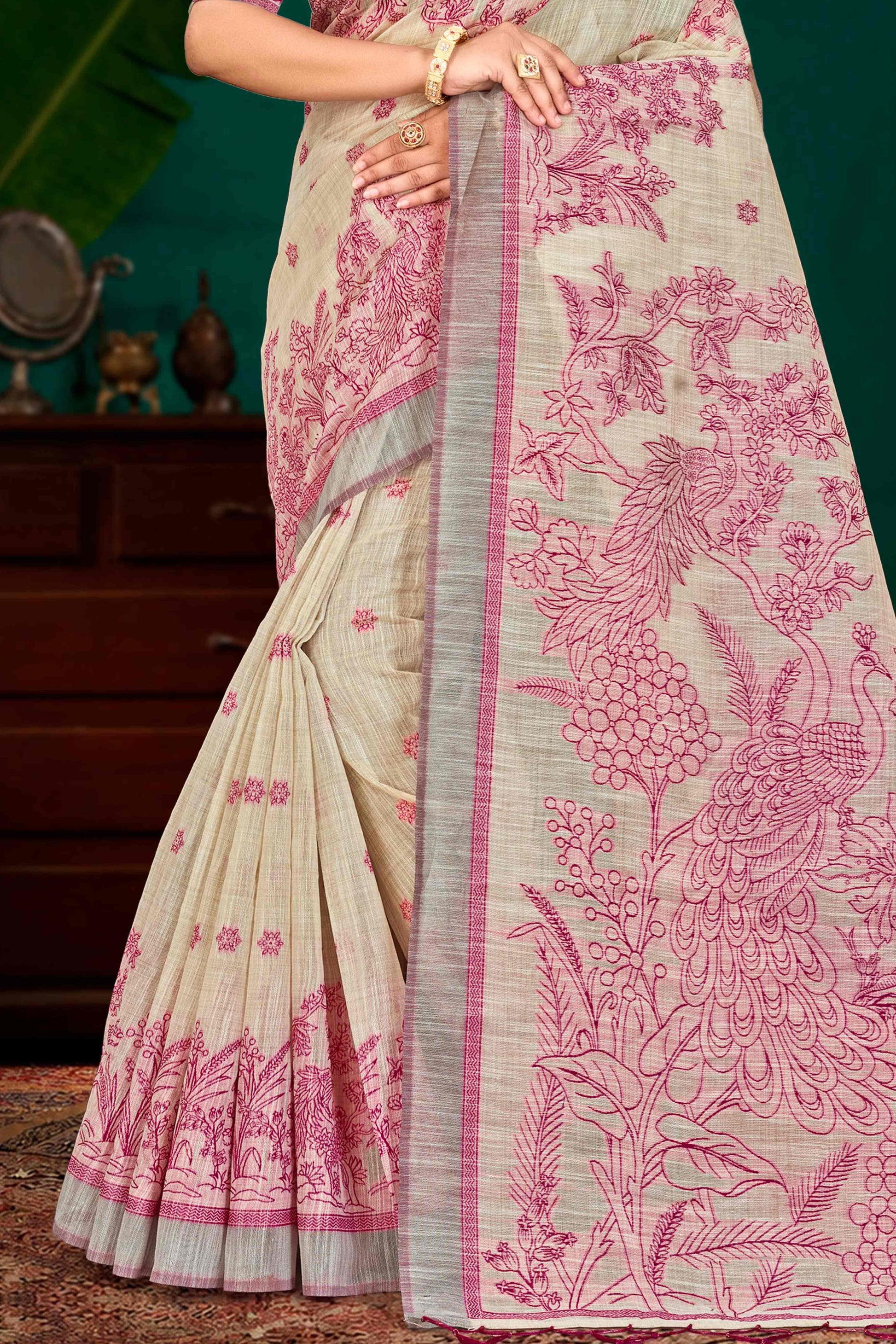 Sangam Prints Pink Cotton Blend Woven Work Traditional Saree