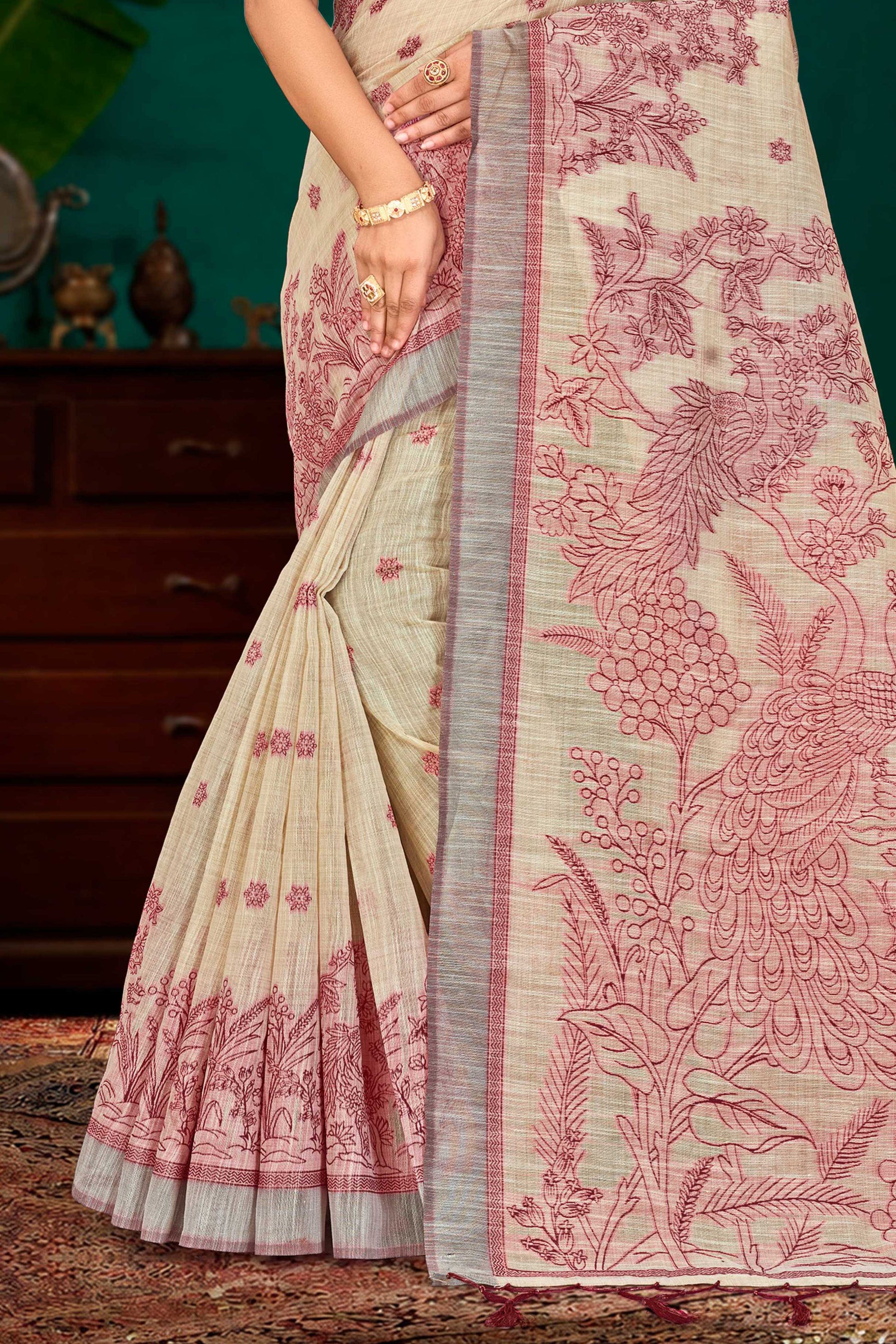 Sangam Prints Maroon Cotton Blend Woven Work Traditional Saree