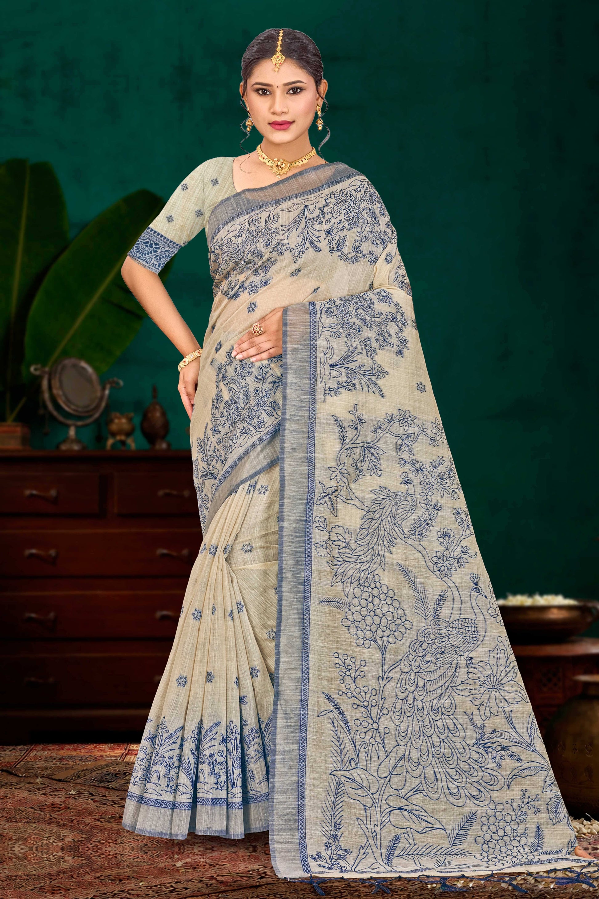 Sangam Prints Navy Blue Cotton Blend Woven Work Traditional Saree