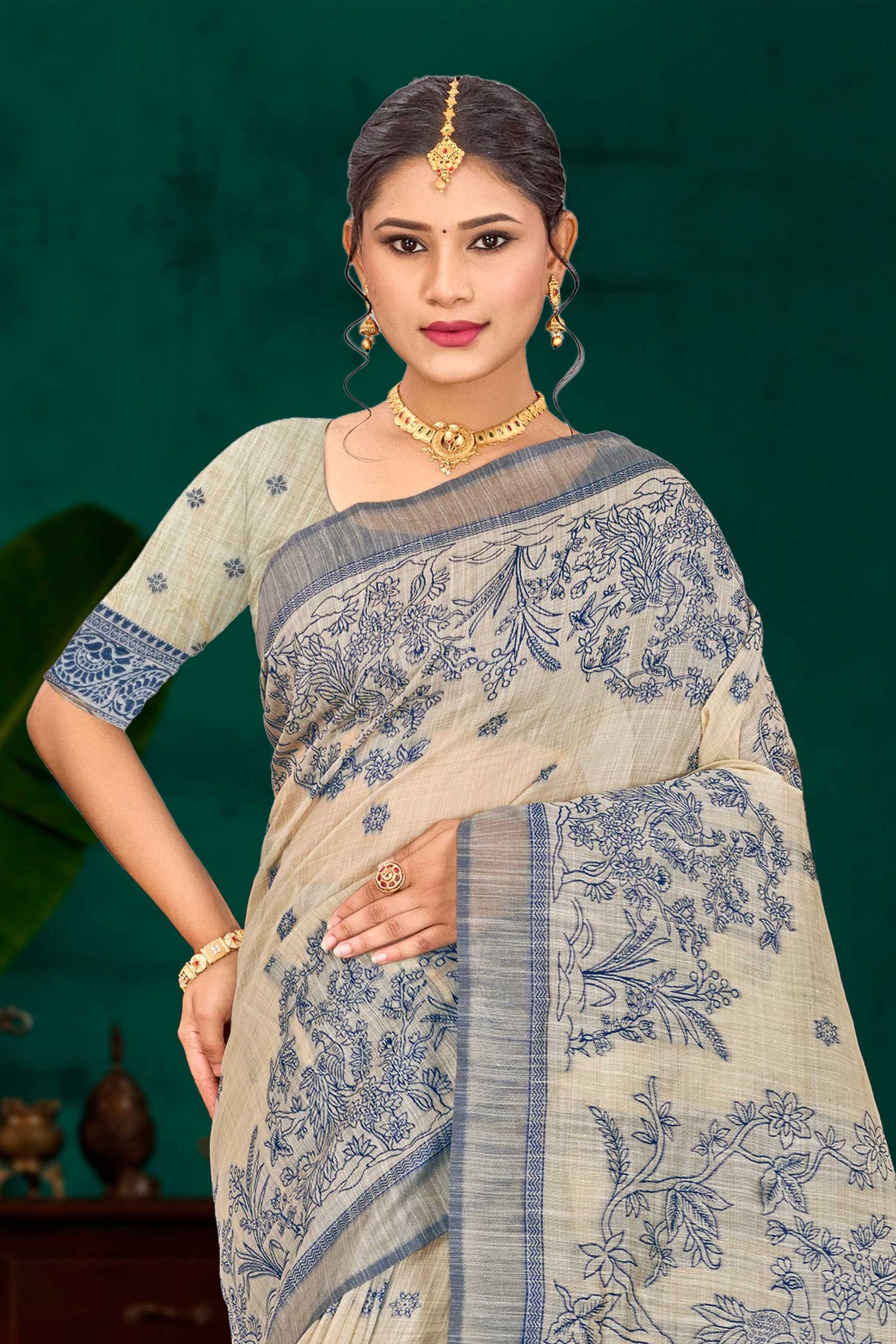 Sangam Prints Navy Blue Cotton Blend Woven Work Traditional Saree