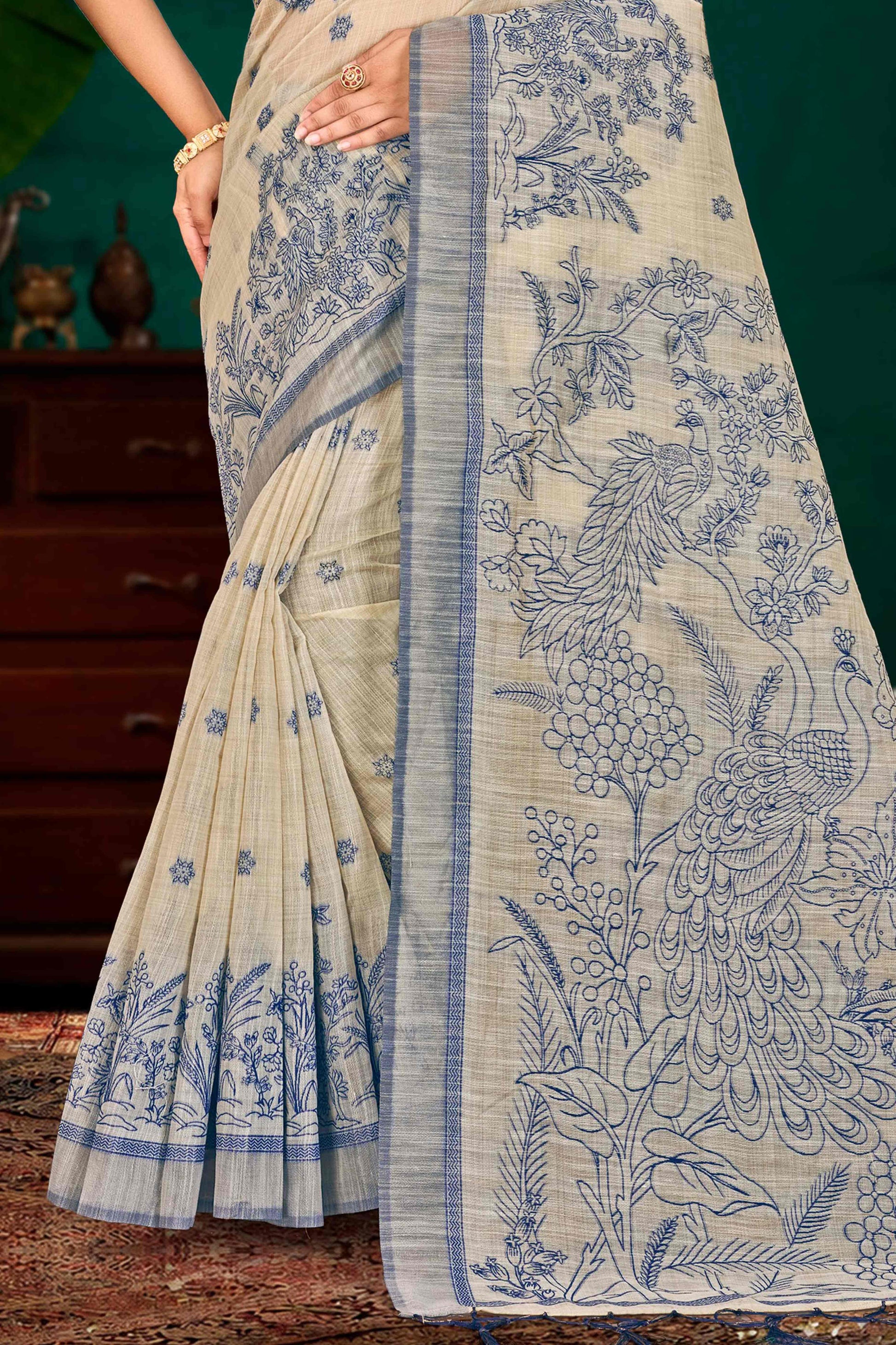 Sangam Prints Navy Blue Cotton Blend Woven Work Traditional Saree