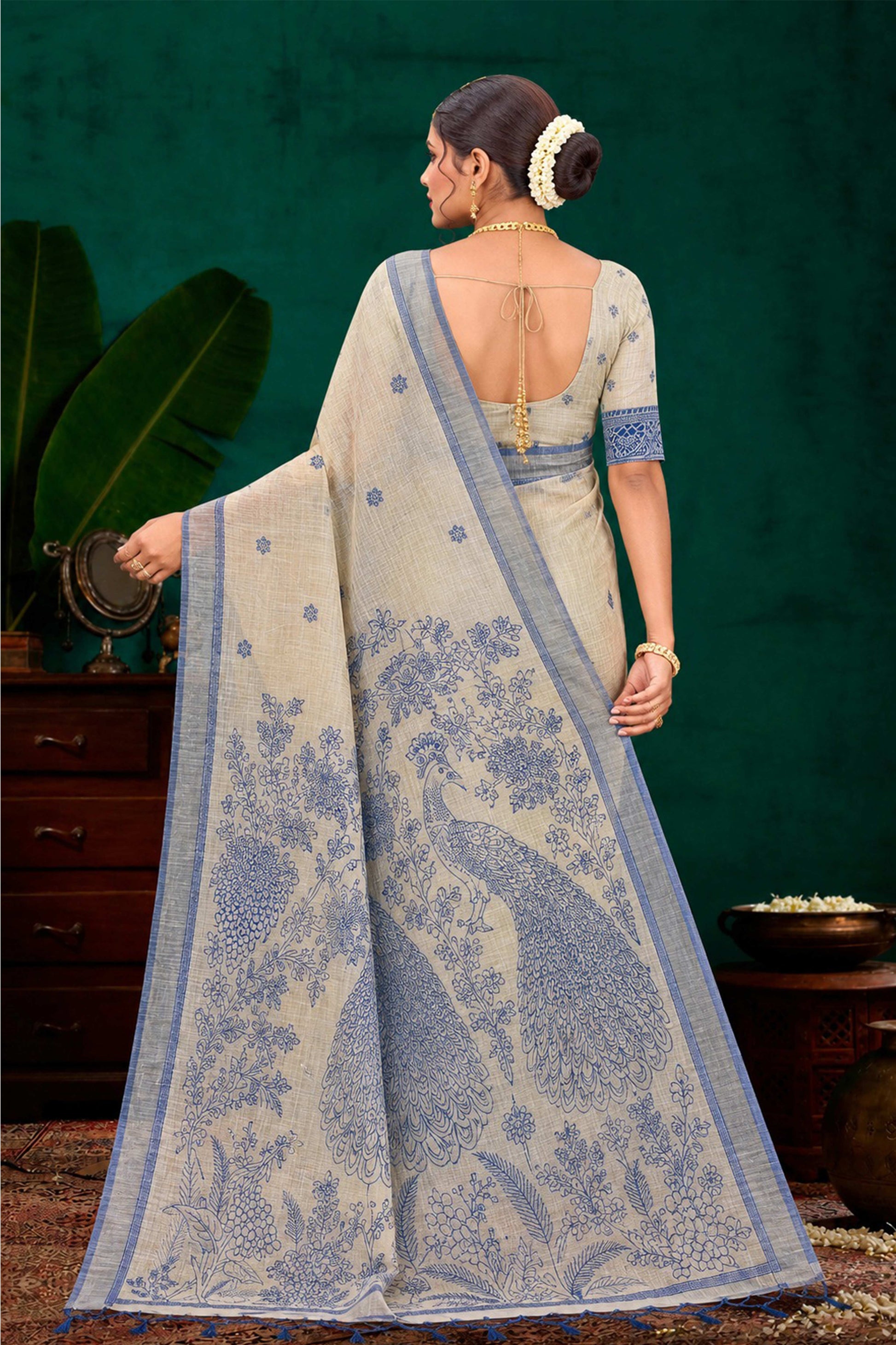 Sangam Prints Navy Blue Cotton Blend Woven Work Traditional Saree