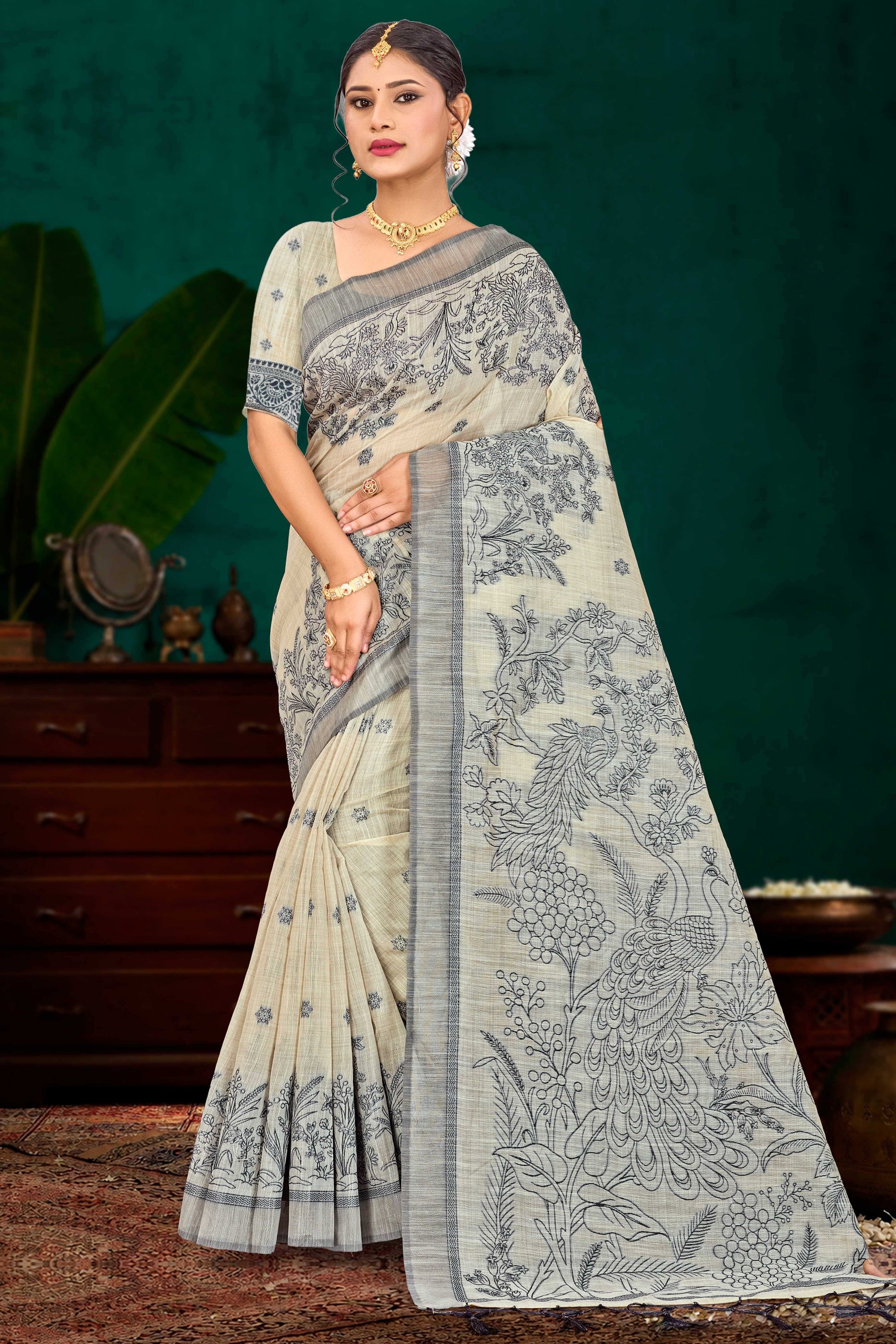 Sangam Prints Grey Cotton Blend Woven Work Traditional Saree