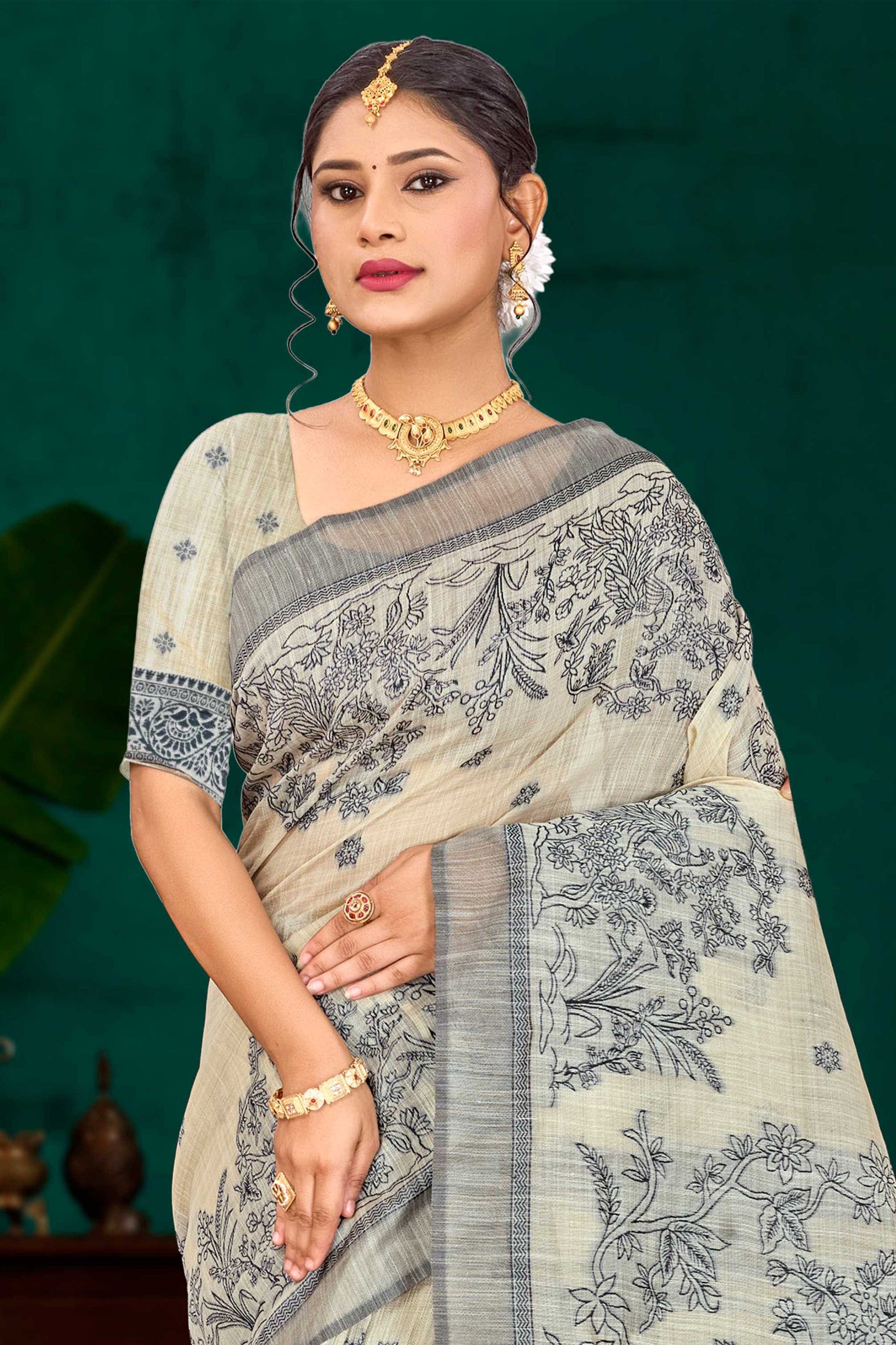 Sangam Prints Grey Cotton Blend Woven Work Traditional Saree