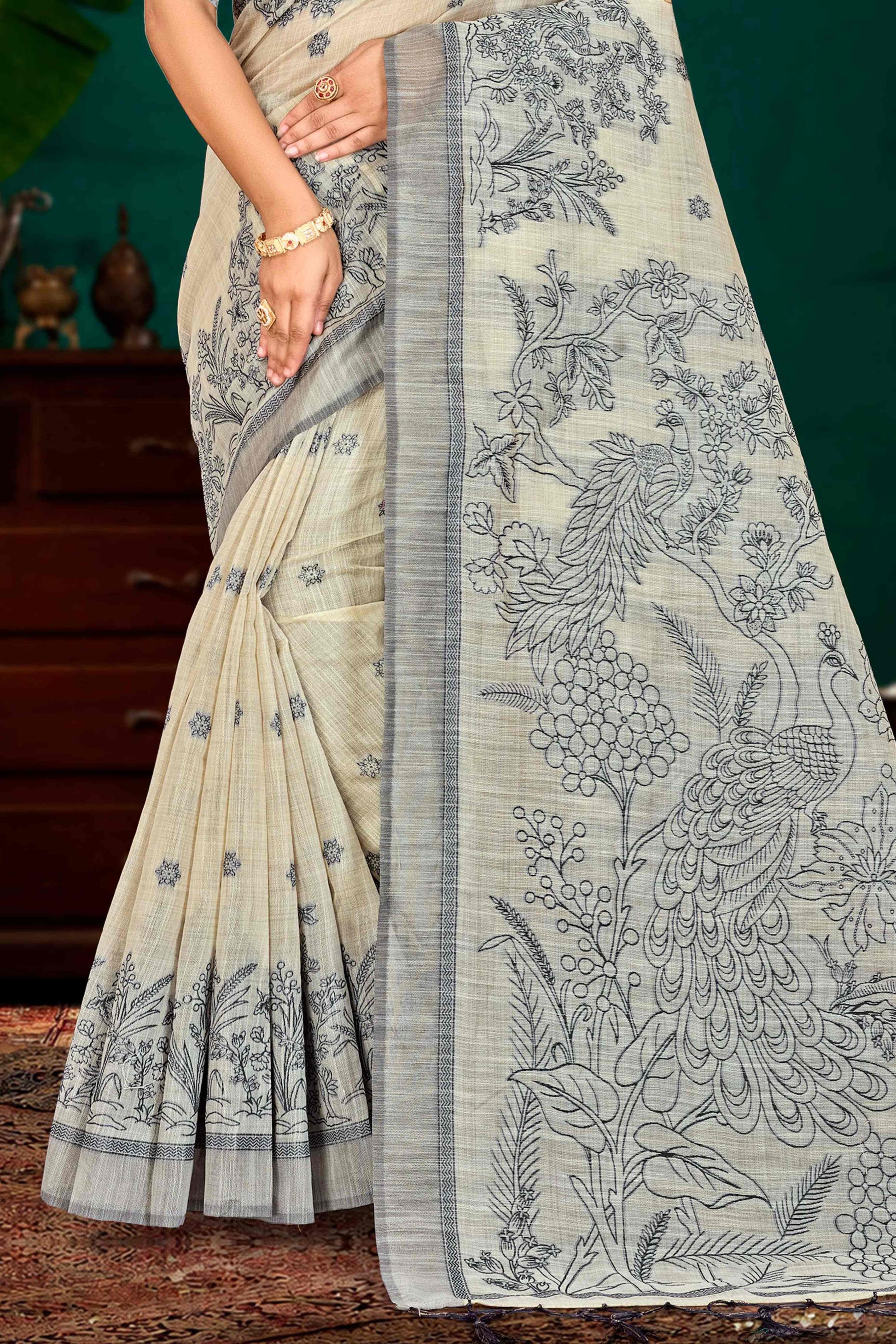 Sangam Prints Grey Cotton Blend Woven Work Traditional Saree