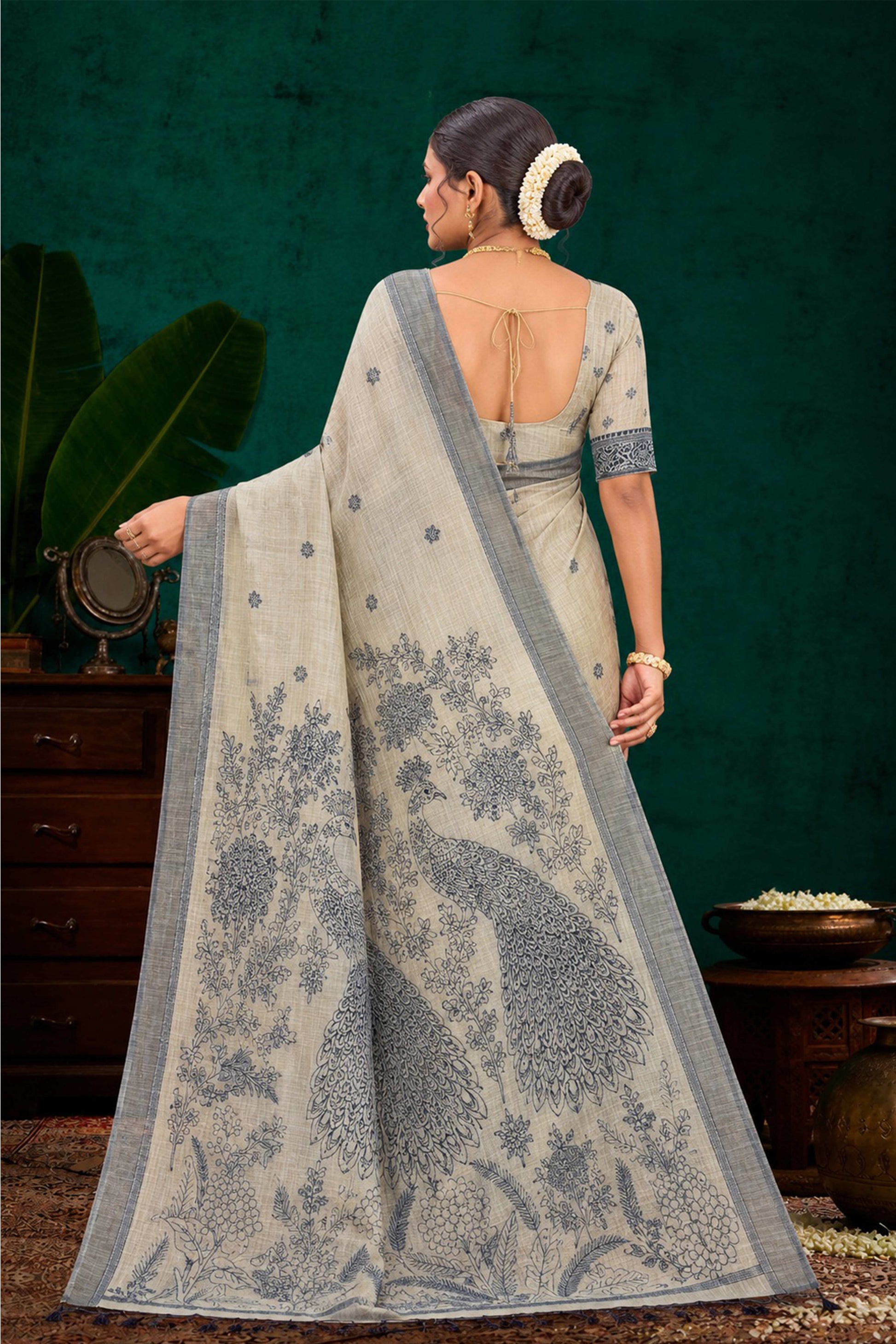 Sangam Prints Grey Cotton Blend Woven Work Traditional Saree