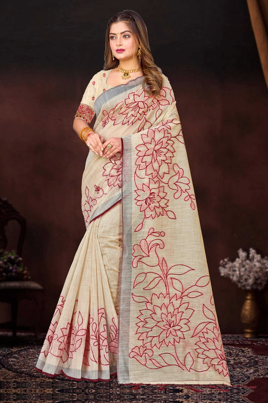 Sangam Prints Maroon Cotton Blend Woven Work Traditional Saree