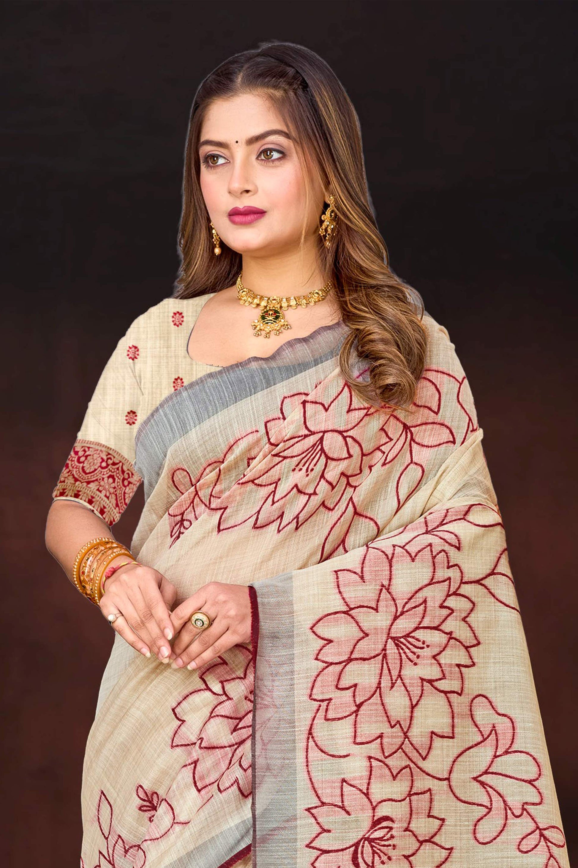 Sangam Prints Maroon Cotton Blend Woven Work Traditional Saree
