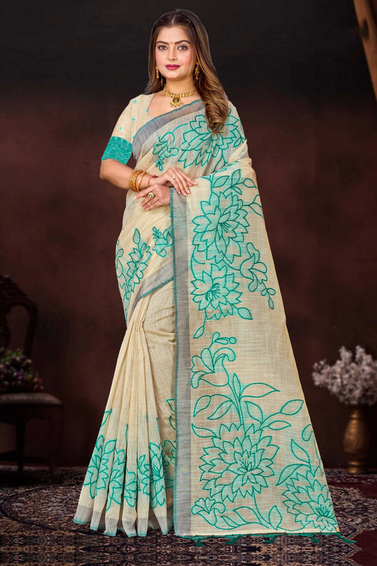 Sangam Prints Aqua Green Cotton Blend Woven Work Traditional Saree