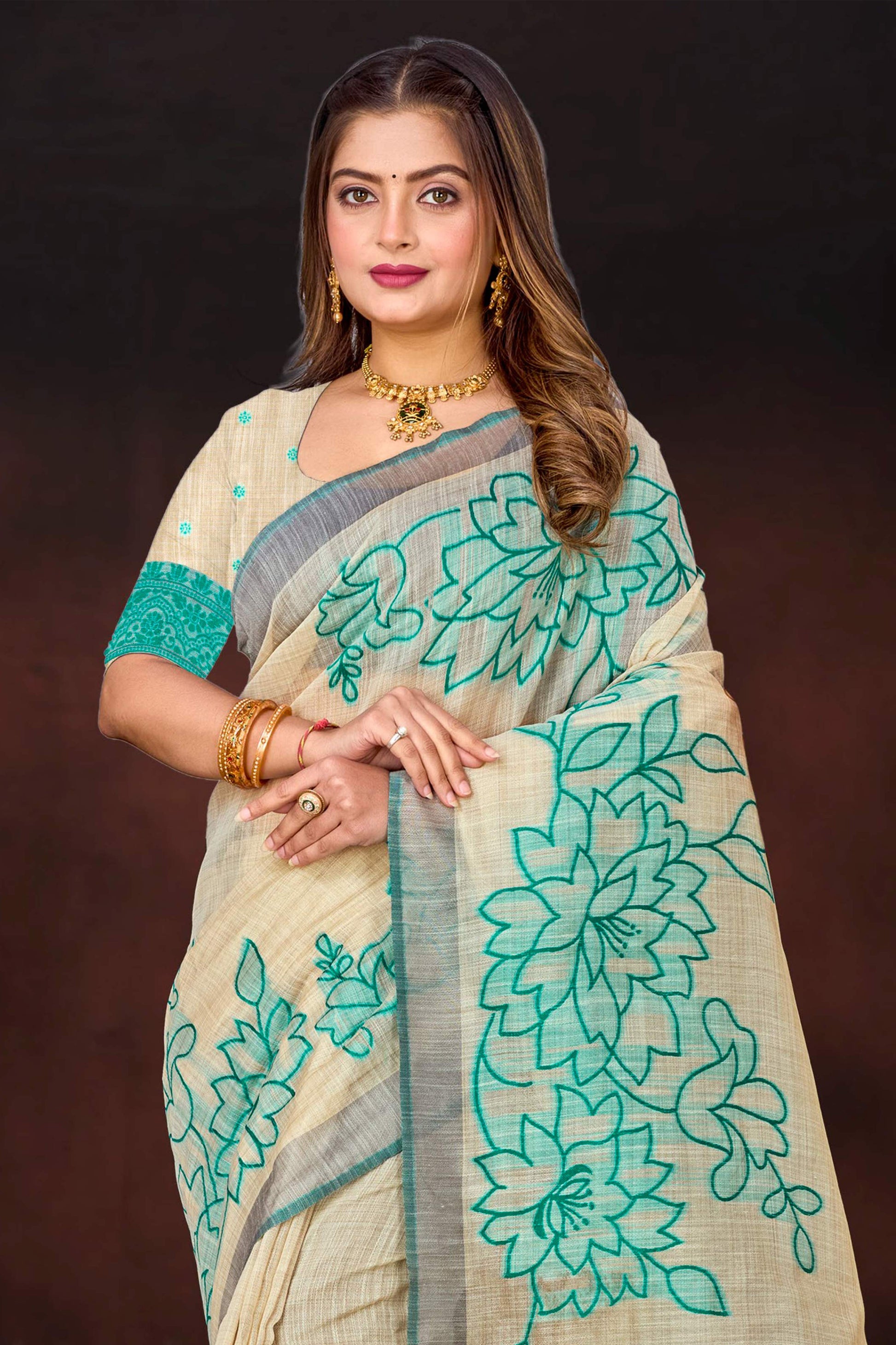 Sangam Prints Aqua Green Cotton Blend Woven Work Traditional Saree
