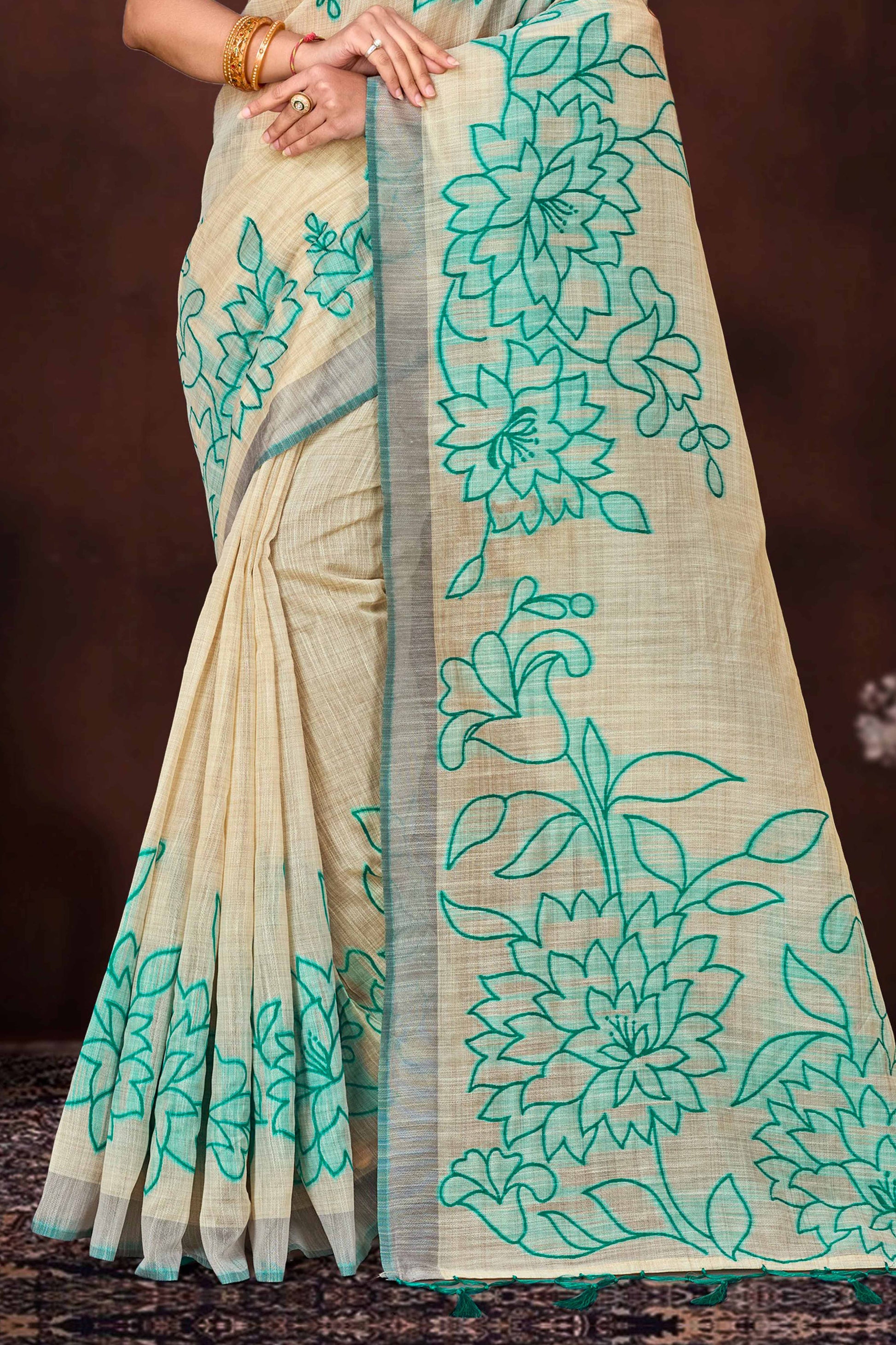 Sangam Prints Aqua Green Cotton Blend Woven Work Traditional Saree