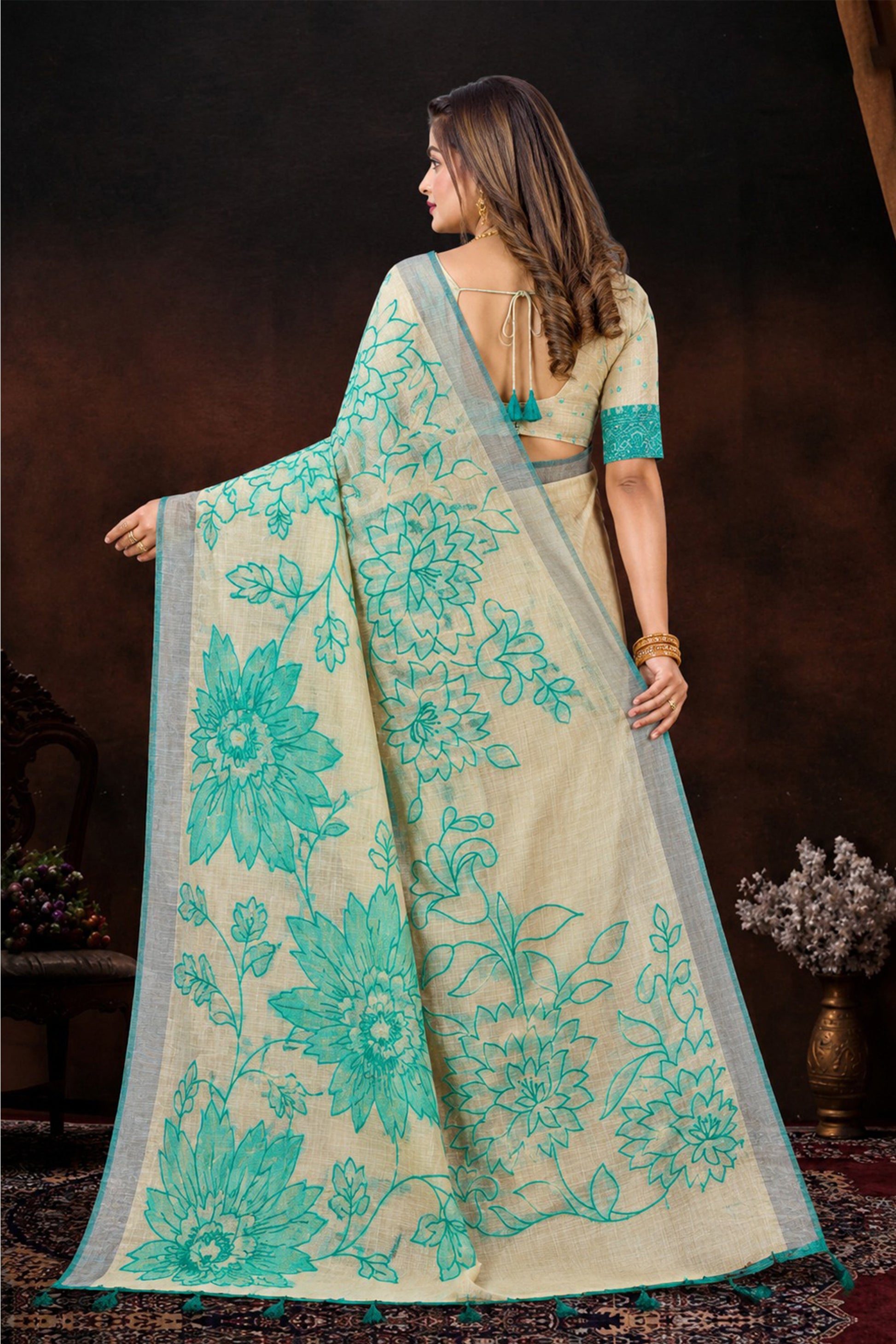 Sangam Prints Aqua Green Cotton Blend Woven Work Traditional Saree