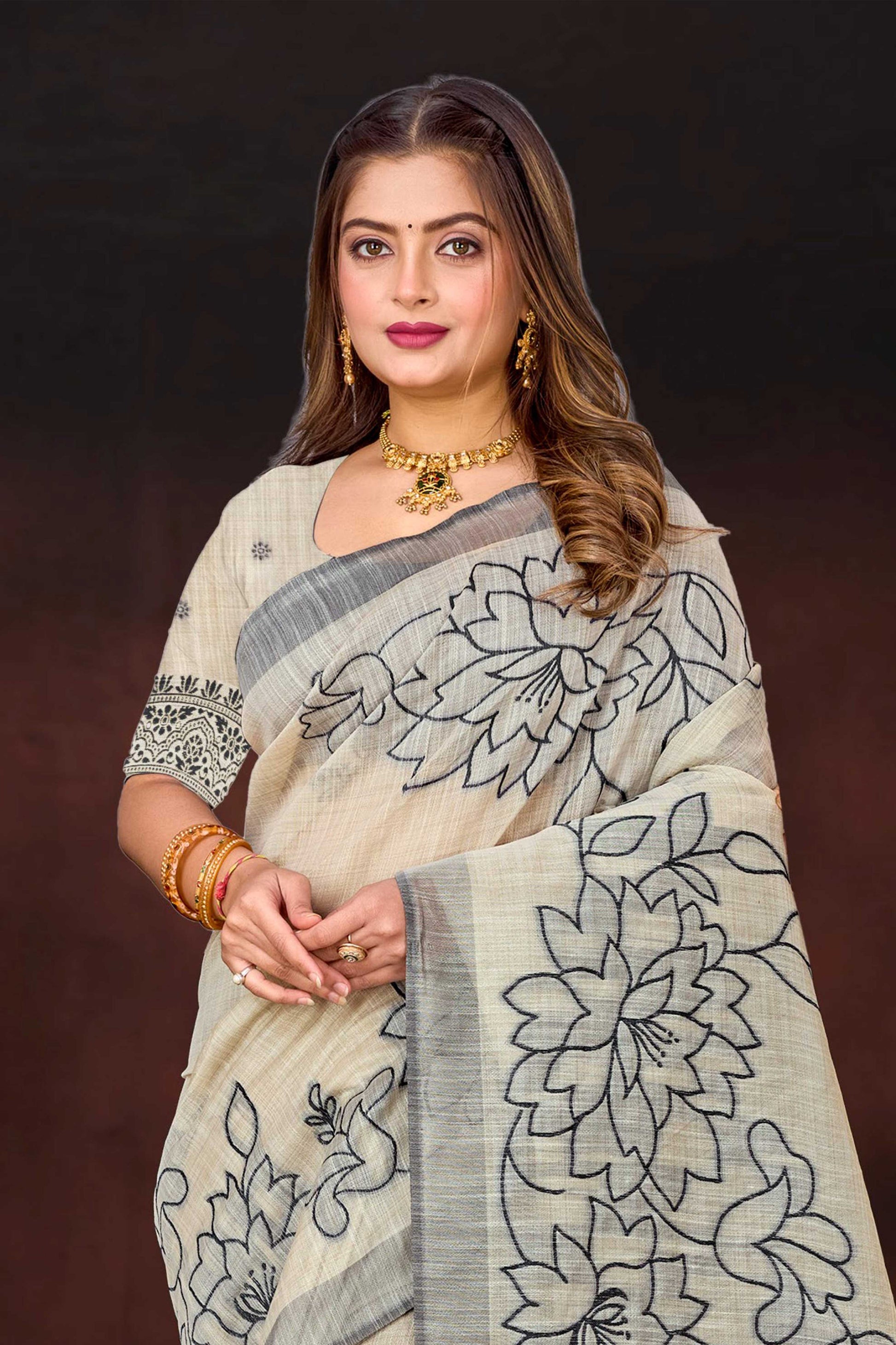 Sangam Prints Grey Cotton Blend Woven Work Traditional Saree
