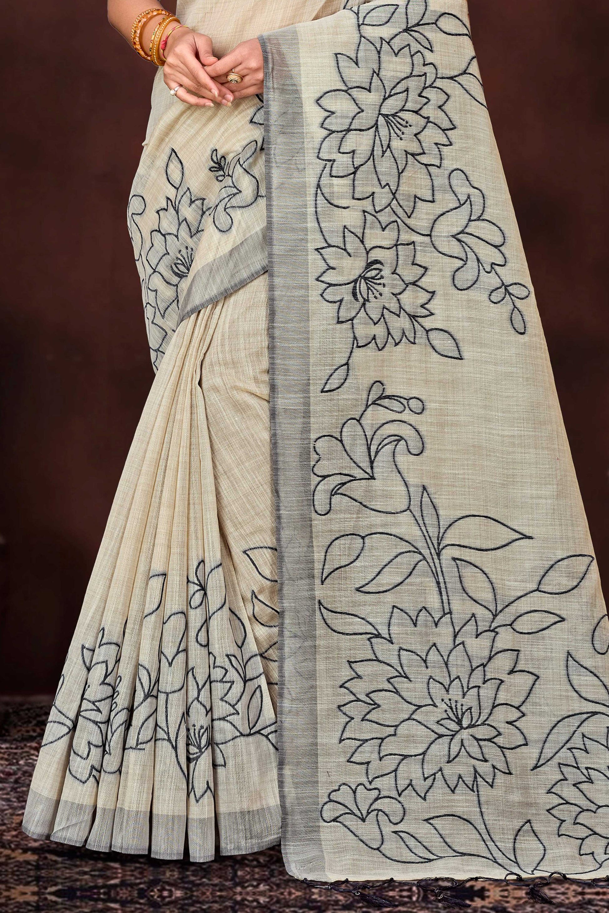 Sangam Prints Grey Cotton Blend Woven Work Traditional Saree