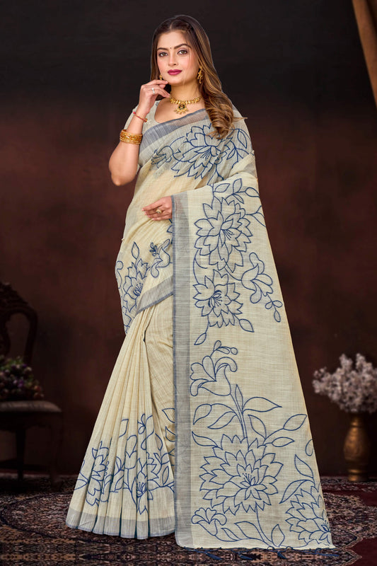Sangam Prints Navy Blue Cotton Blend Woven Work Traditional Saree