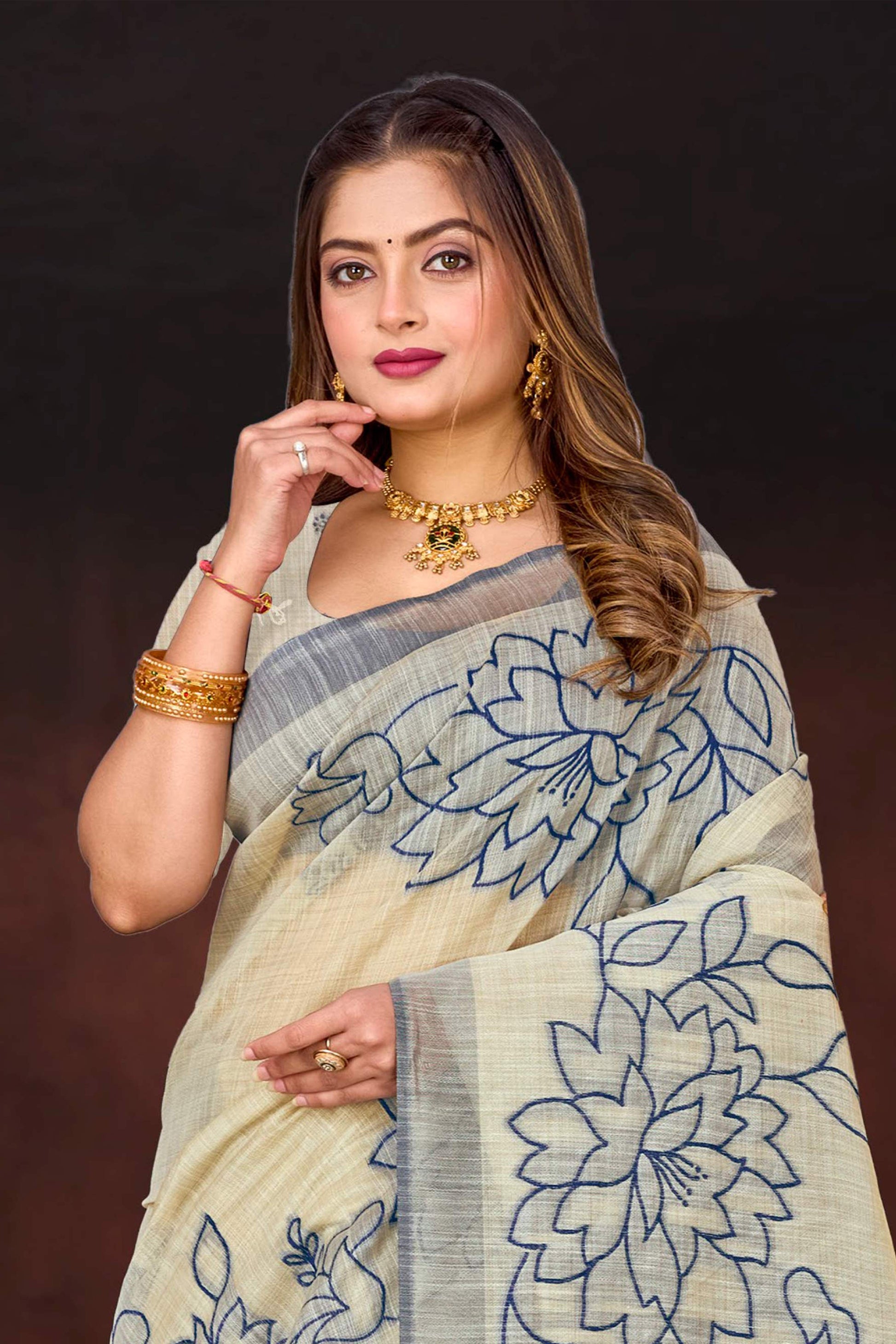 Sangam Prints Navy Blue Cotton Blend Woven Work Traditional Saree