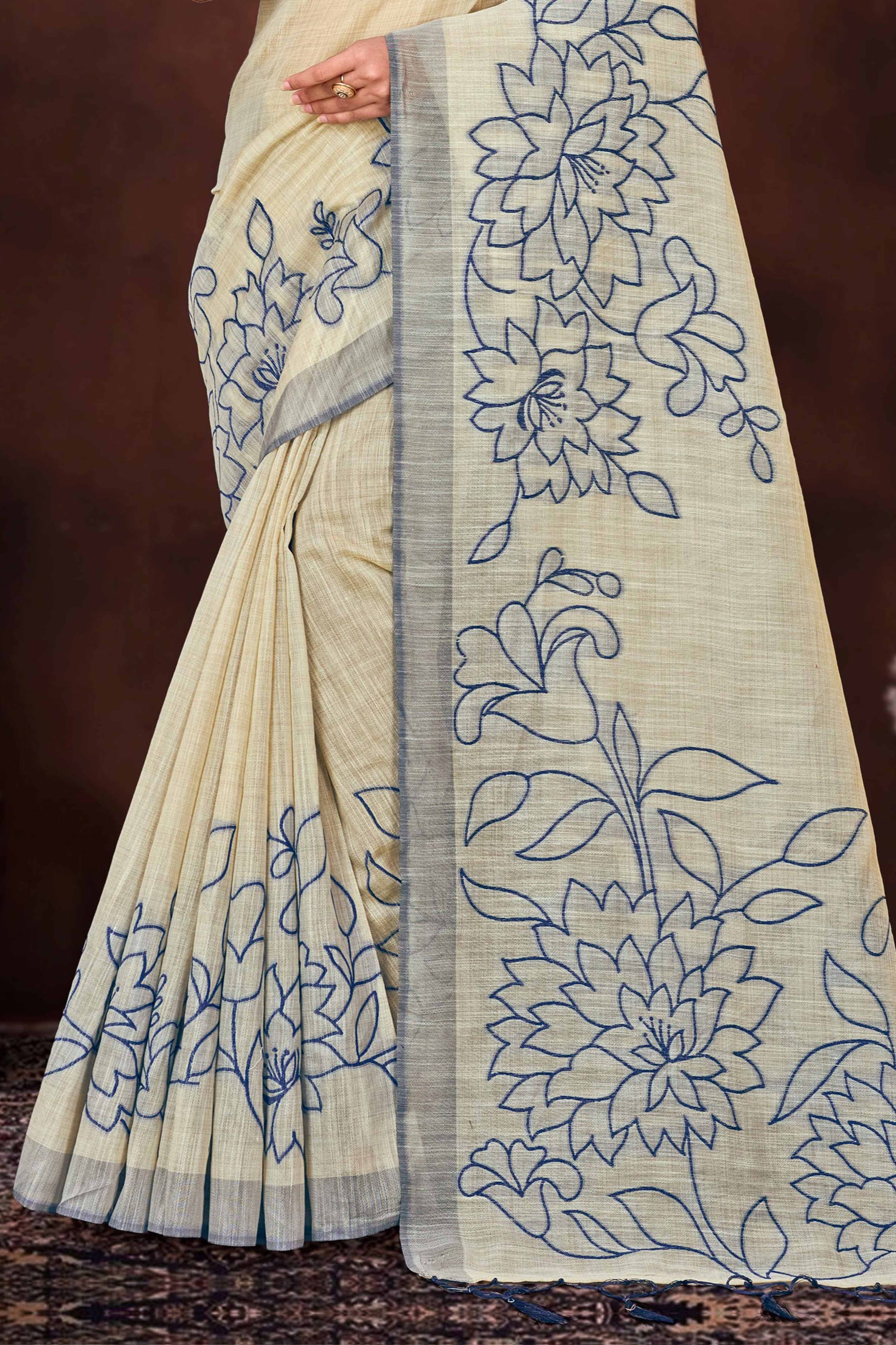 Sangam Prints Navy Blue Cotton Blend Woven Work Traditional Saree