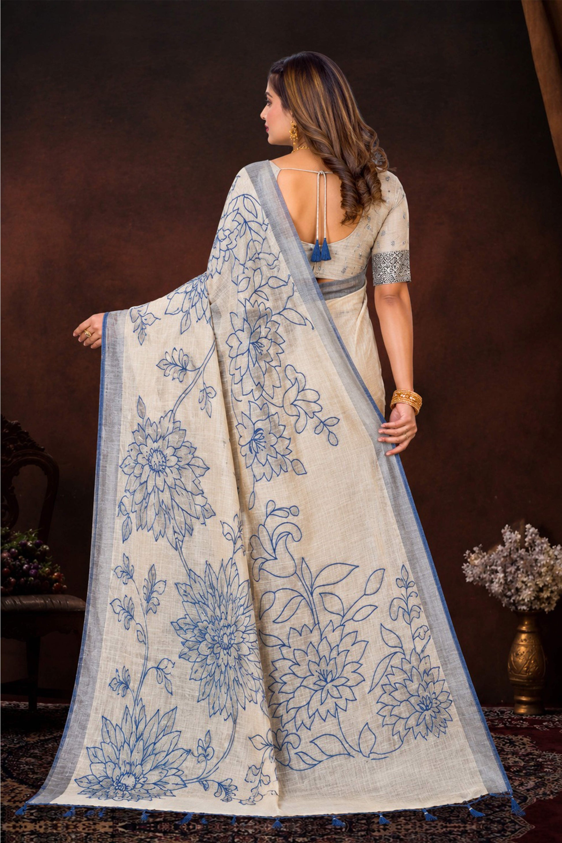 Sangam Prints Navy Blue Cotton Blend Woven Work Traditional Saree