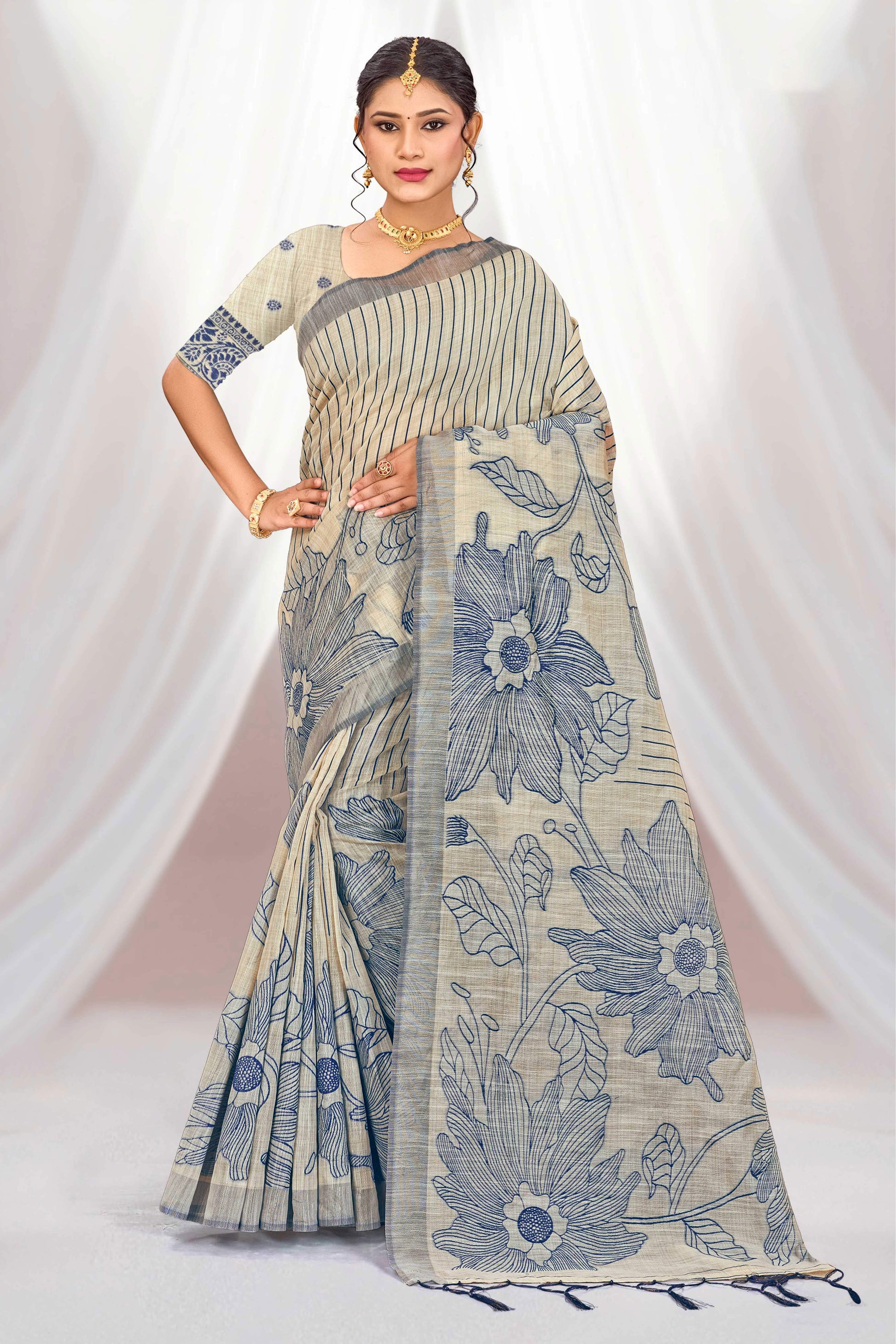 Sangam Prints Navy Blue Cotton Blend Woven Work Traditional Saree