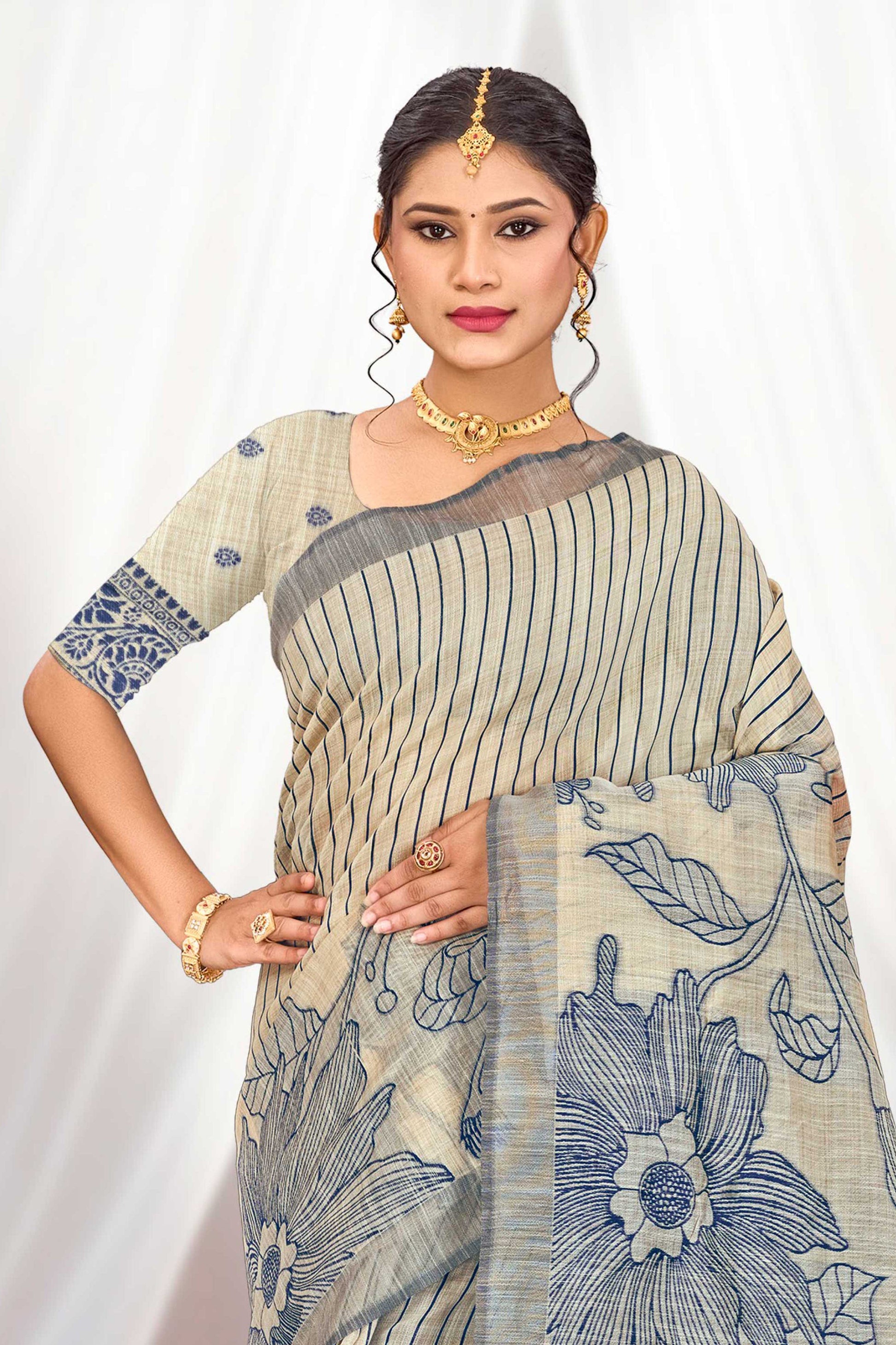 Sangam Prints Navy Blue Cotton Blend Woven Work Traditional Saree