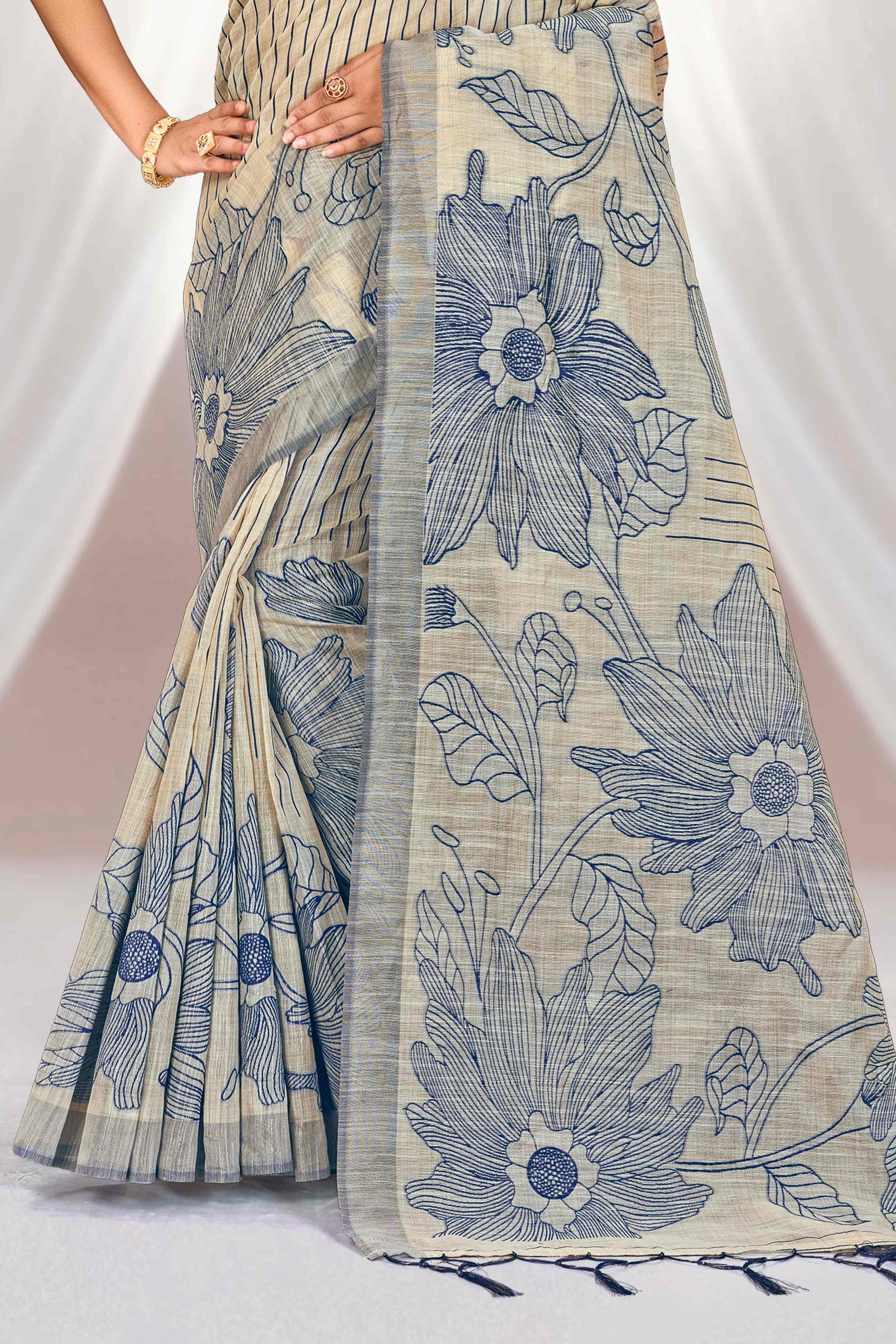 Sangam Prints Navy Blue Cotton Blend Woven Work Traditional Saree