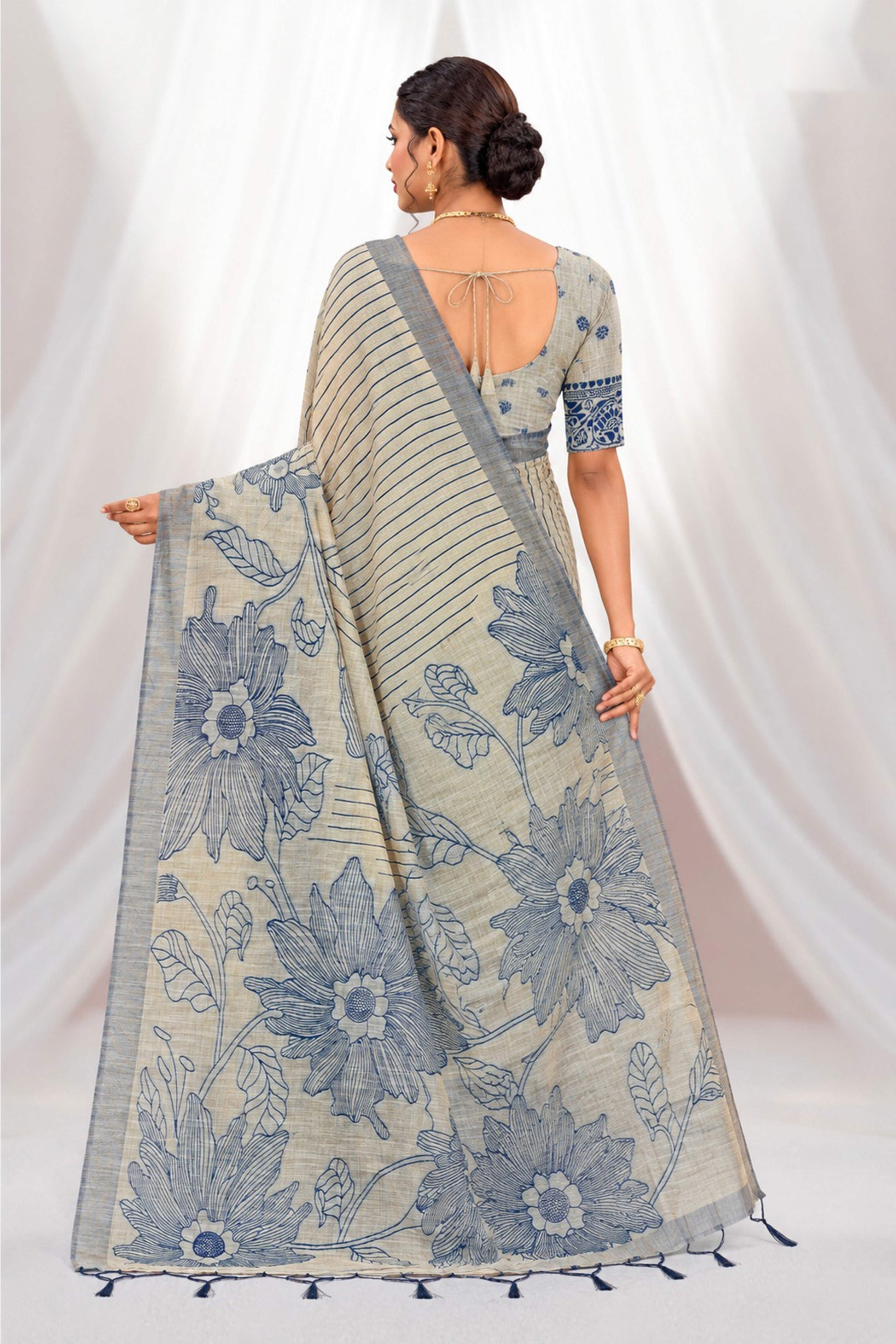Sangam Prints Navy Blue Cotton Blend Woven Work Traditional Saree