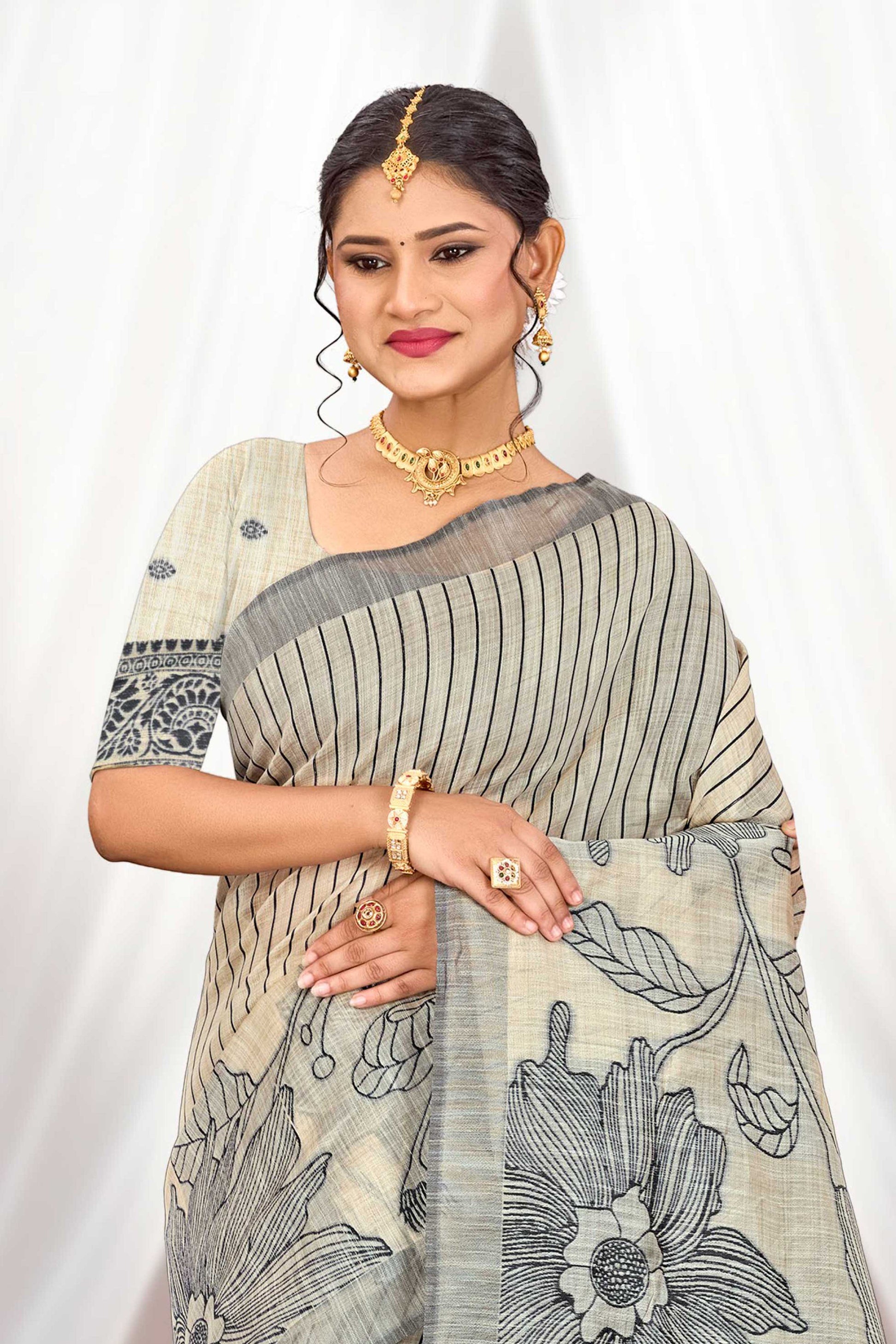 Sangam Prints Grey Cotton Blend Woven Work Traditional Saree